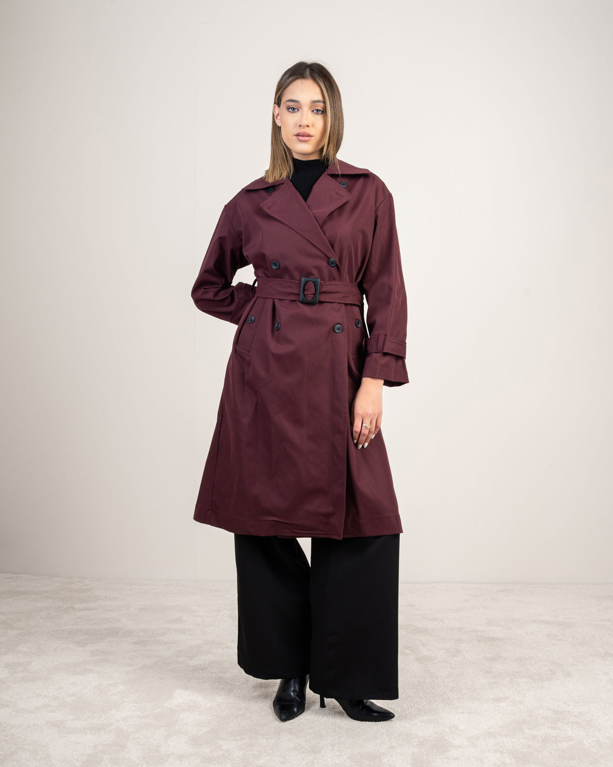 Gabardine trench coat with a belt