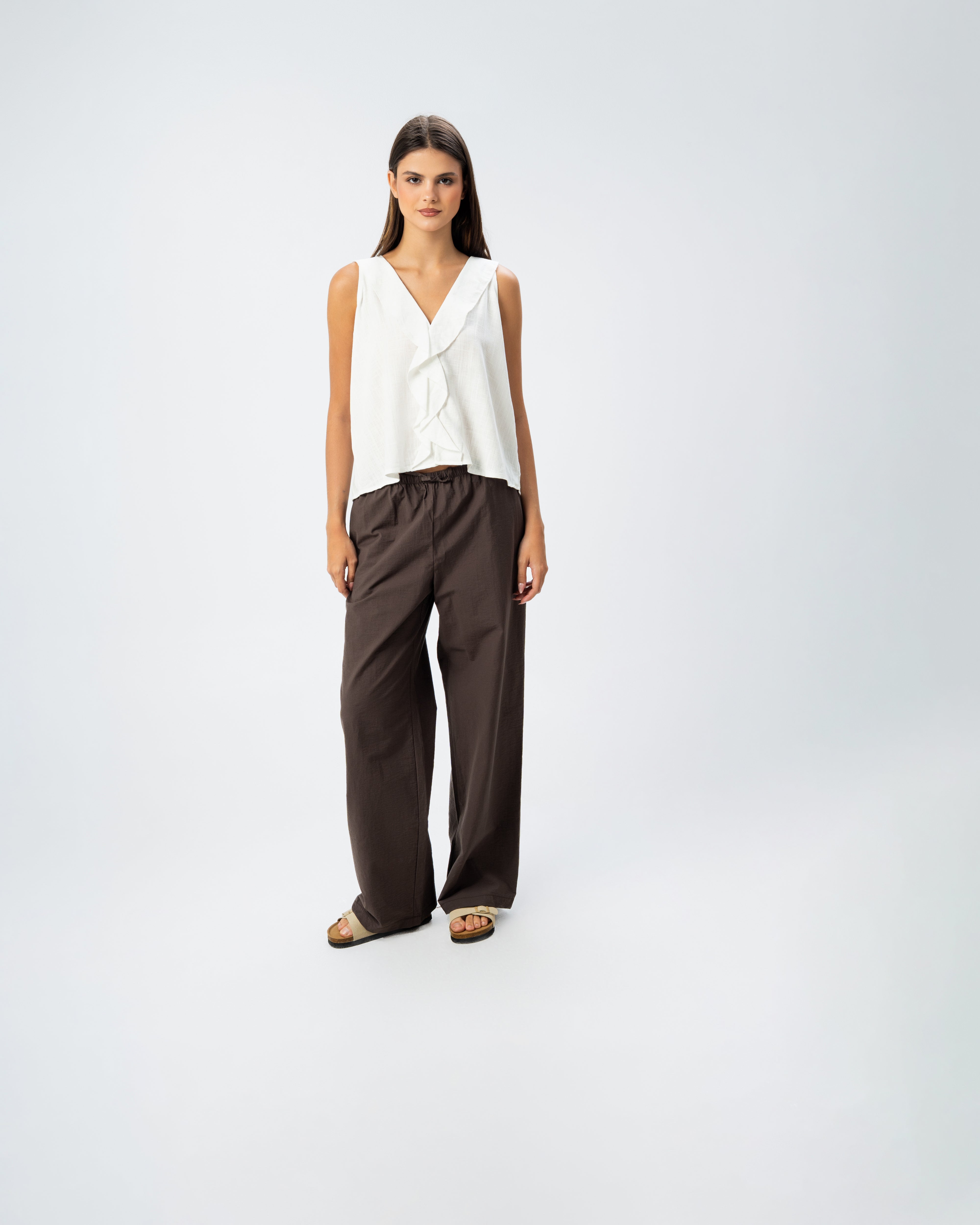 Sleeveless V-Neck Ruffled Linen Blouse