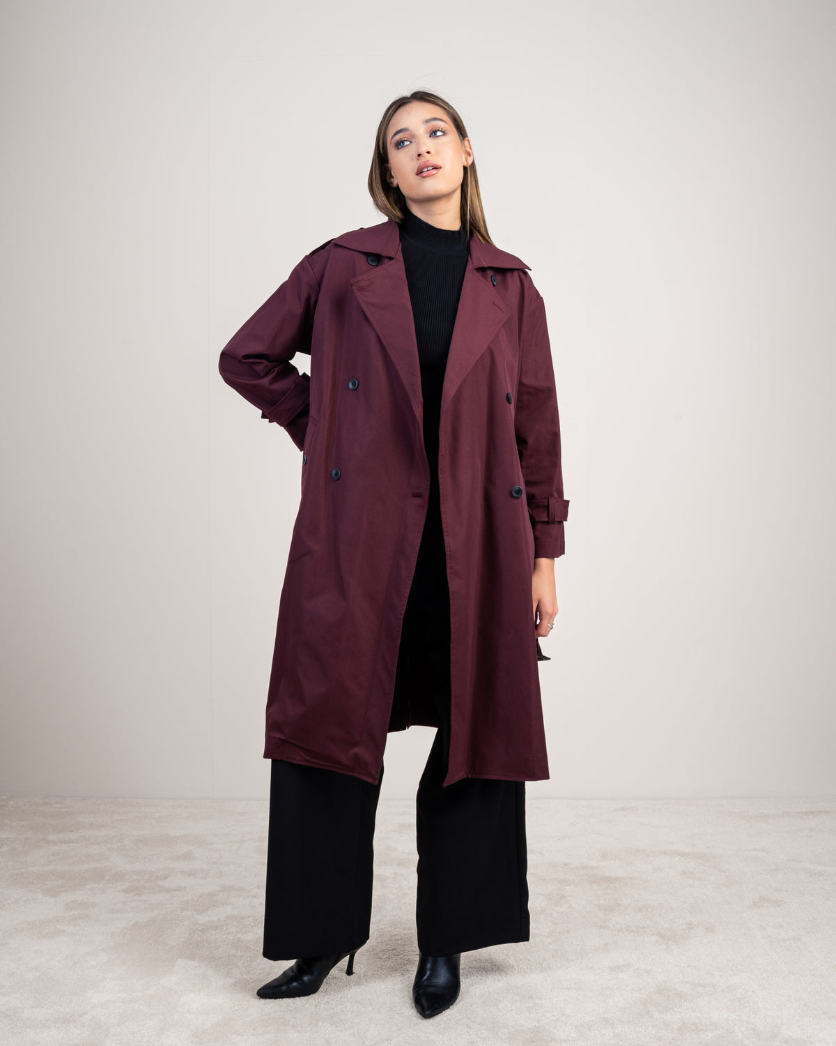 Gabardine trench coat with a belt