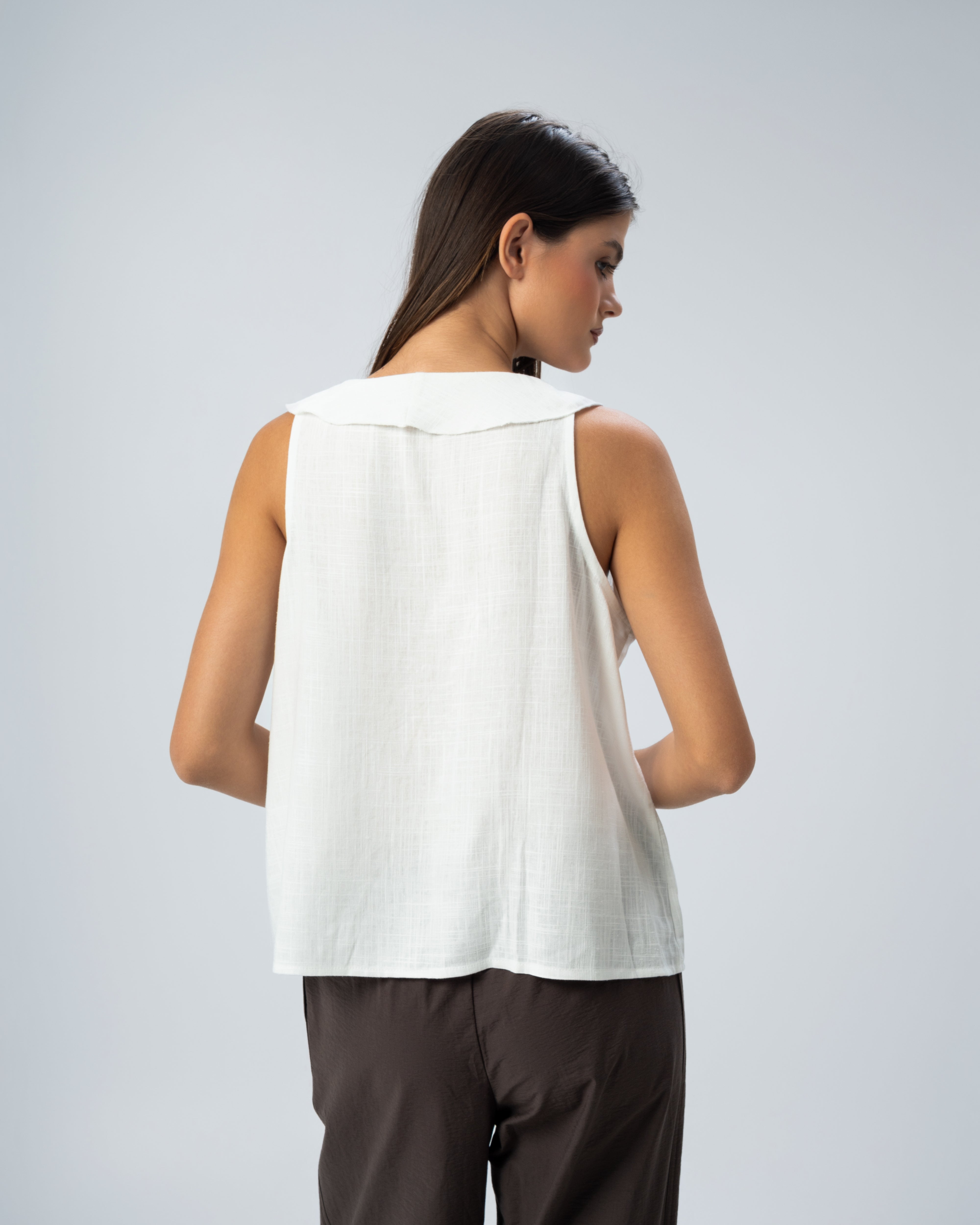 Sleeveless V-Neck Ruffled Linen Blouse