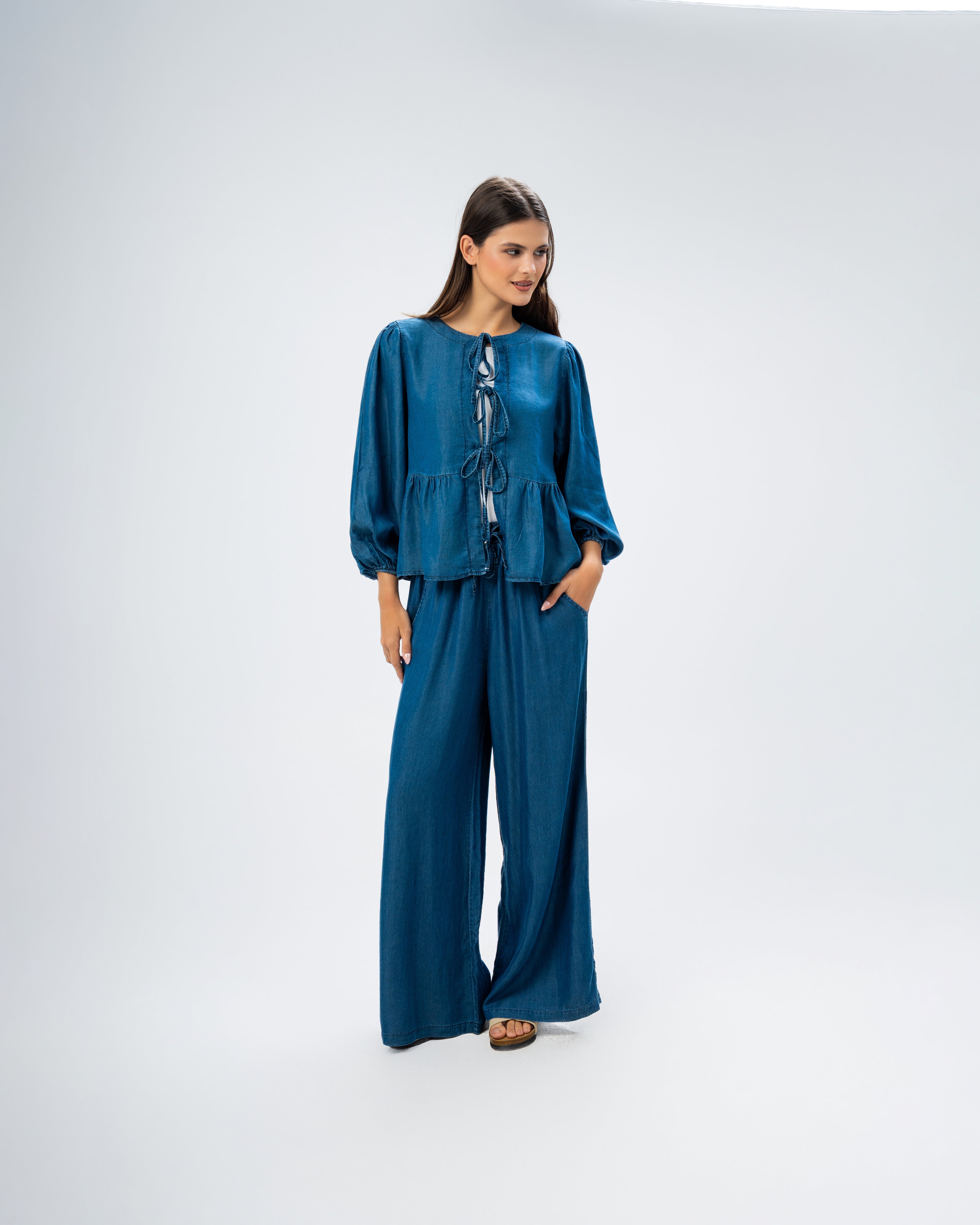 Denim blouse with drawstring