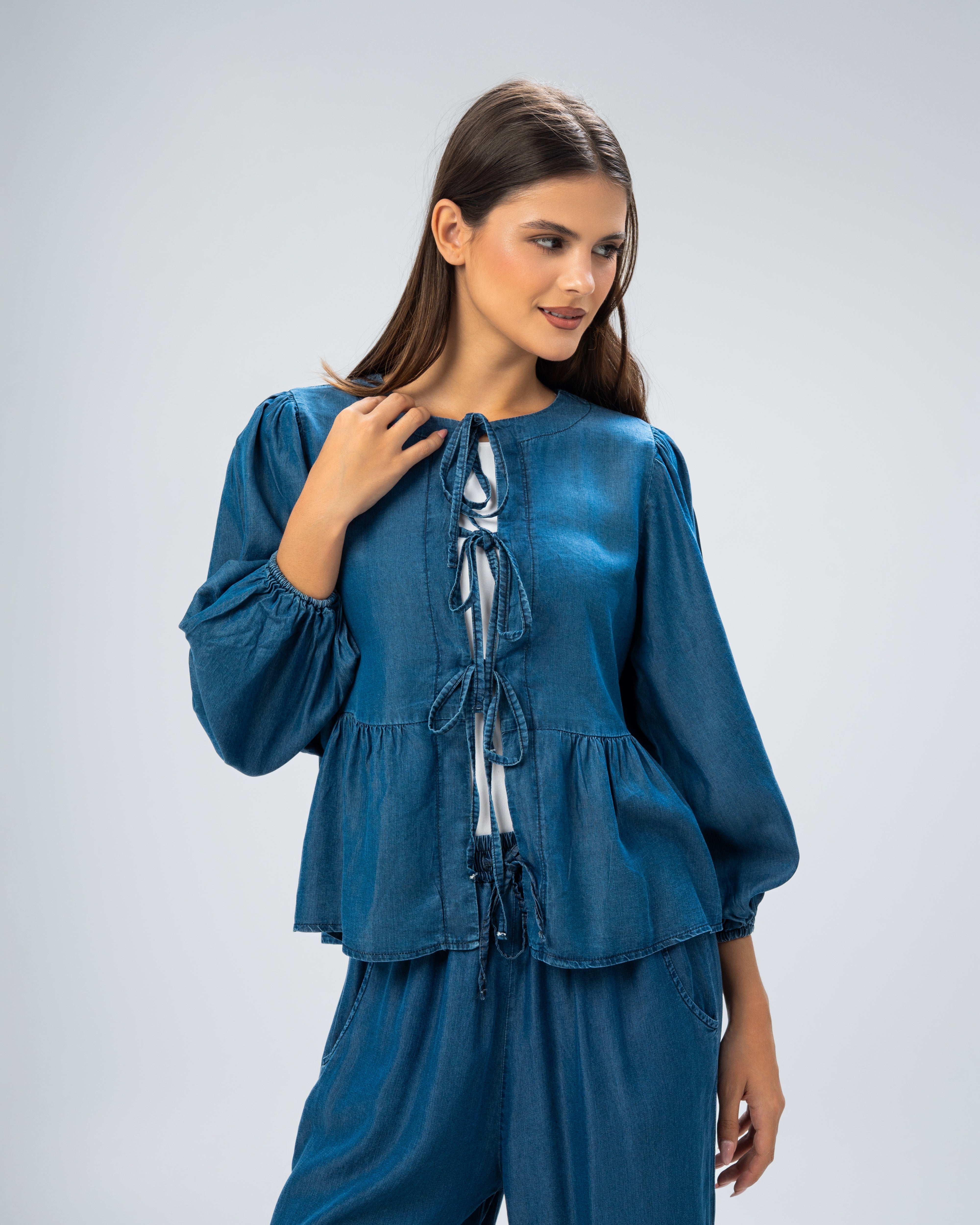 Denim blouse with drawstring