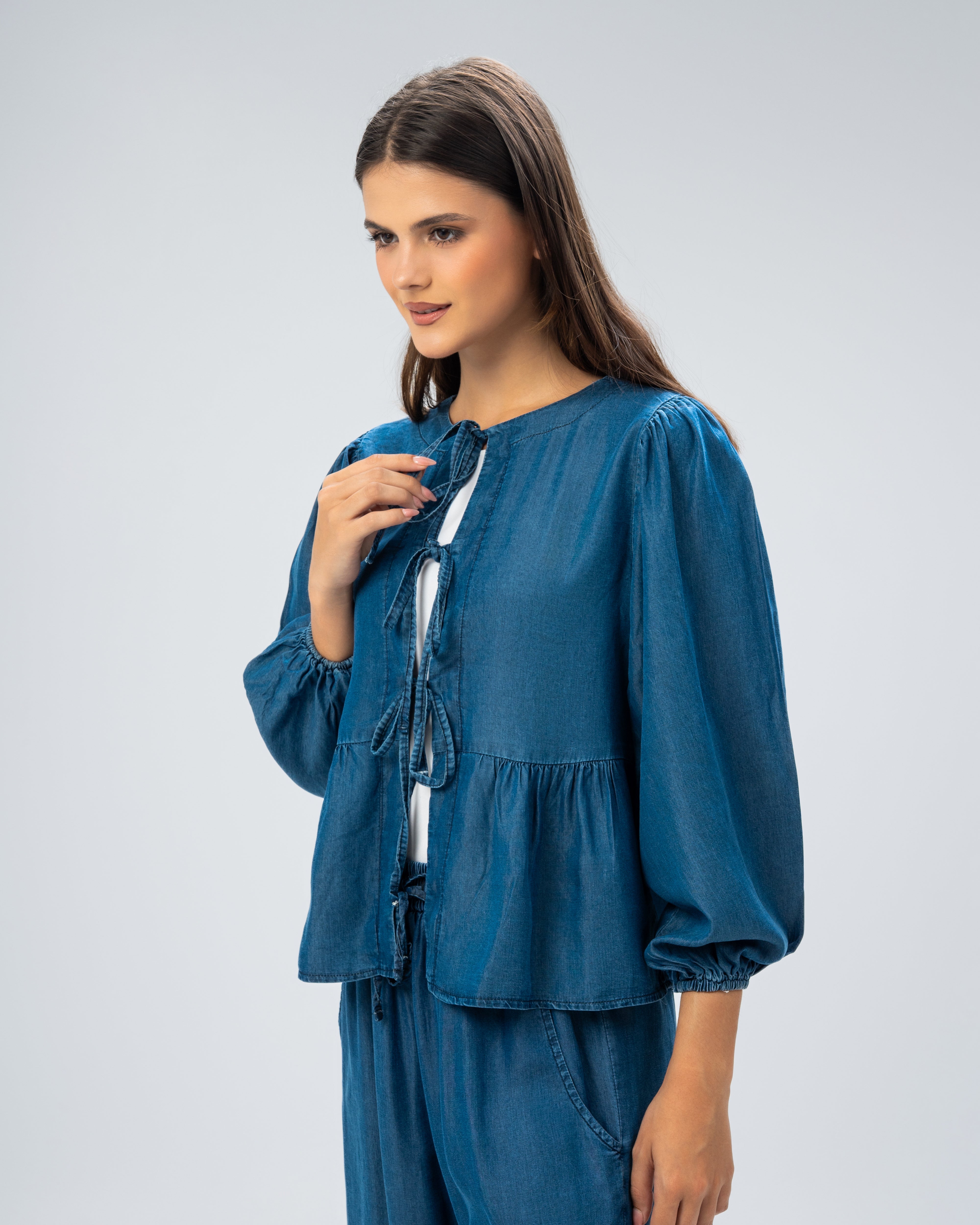 Denim blouse with drawstring