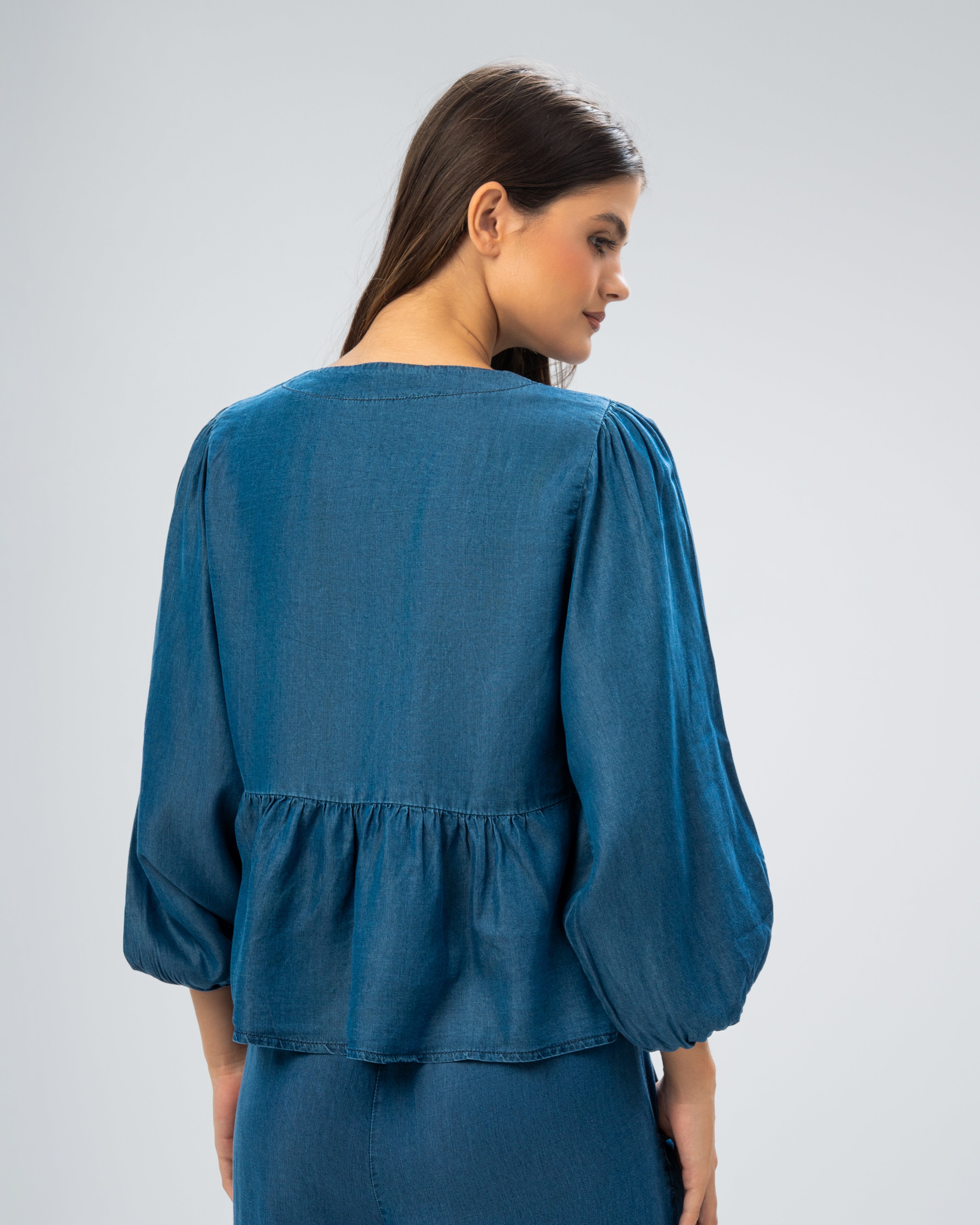 Denim blouse with drawstring
