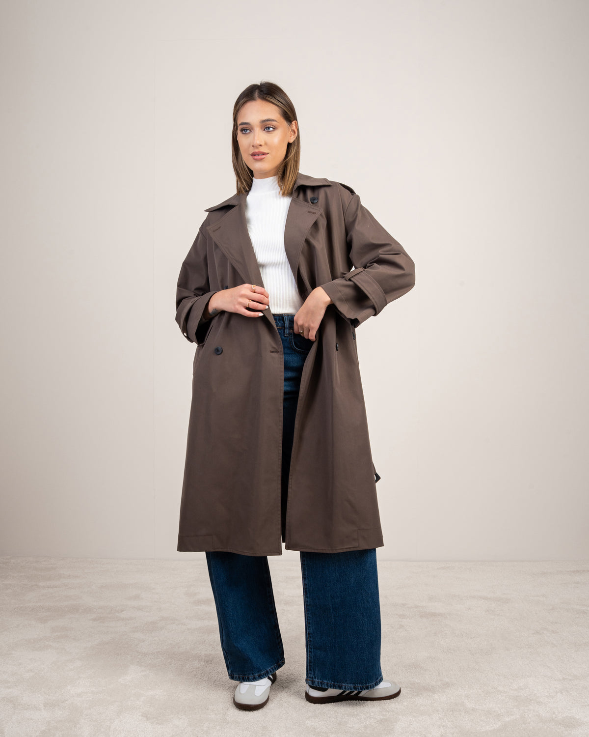 Gabardine trench coat with a belt