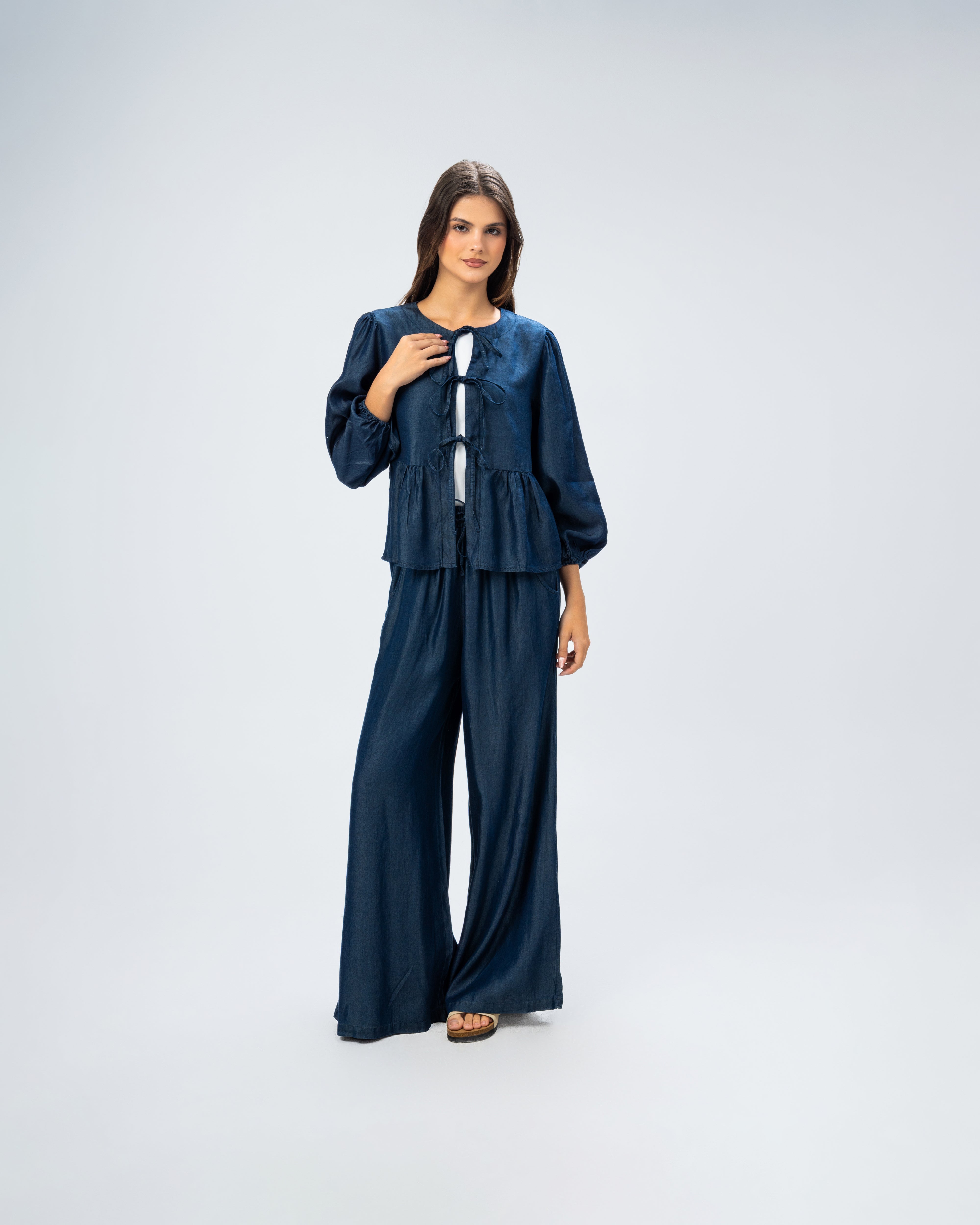 Denim blouse with drawstring