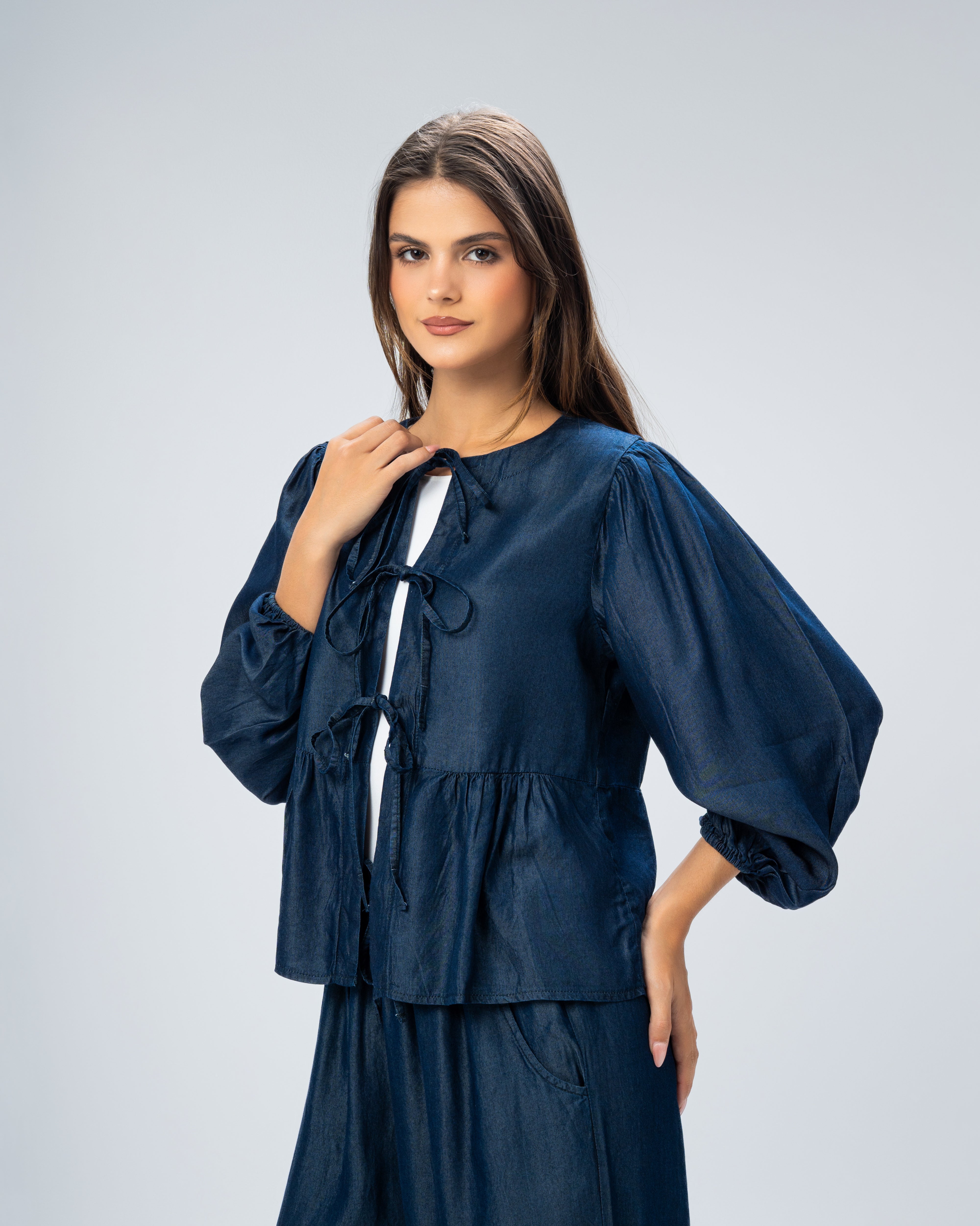 Denim blouse with drawstring