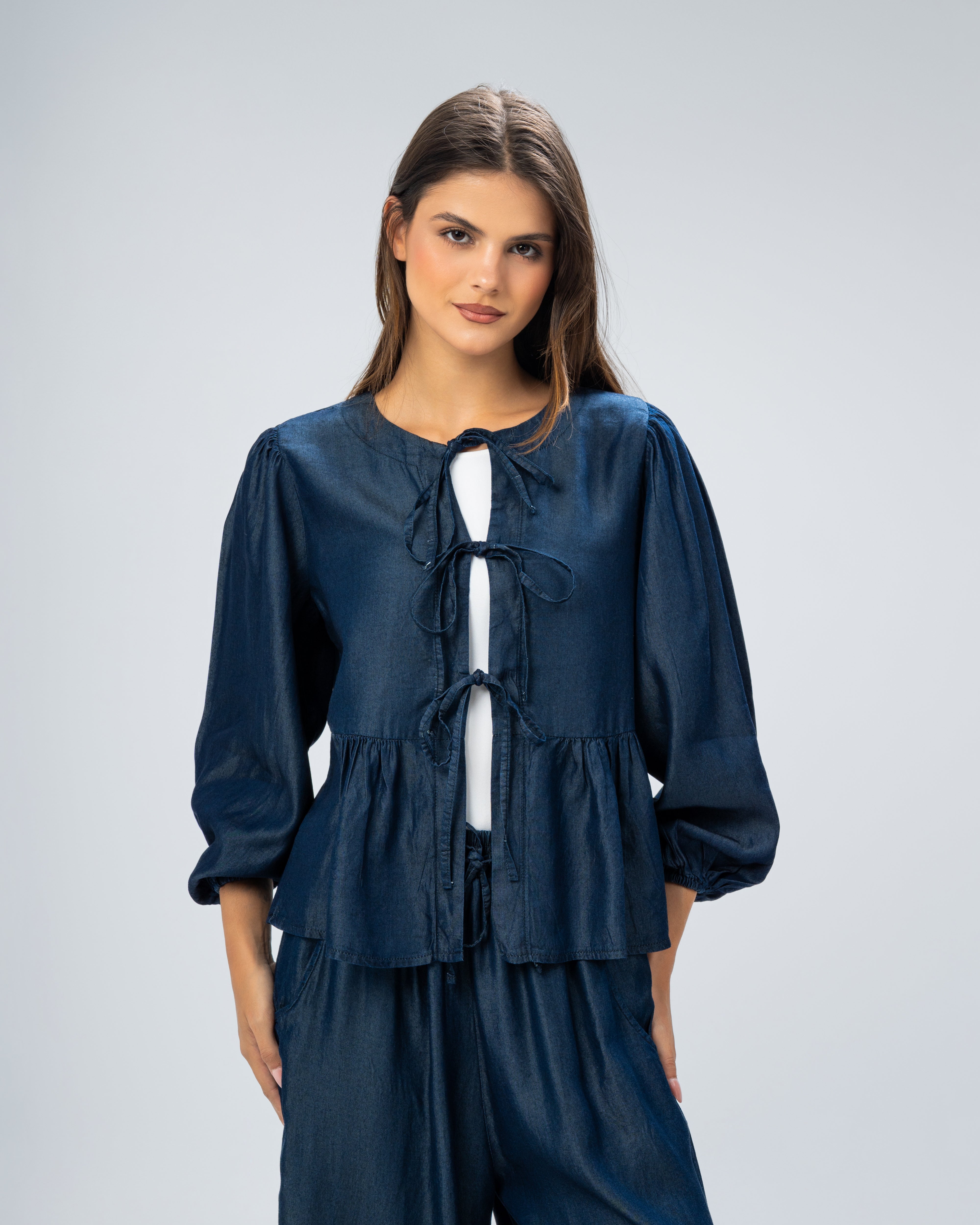 Denim blouse with drawstring