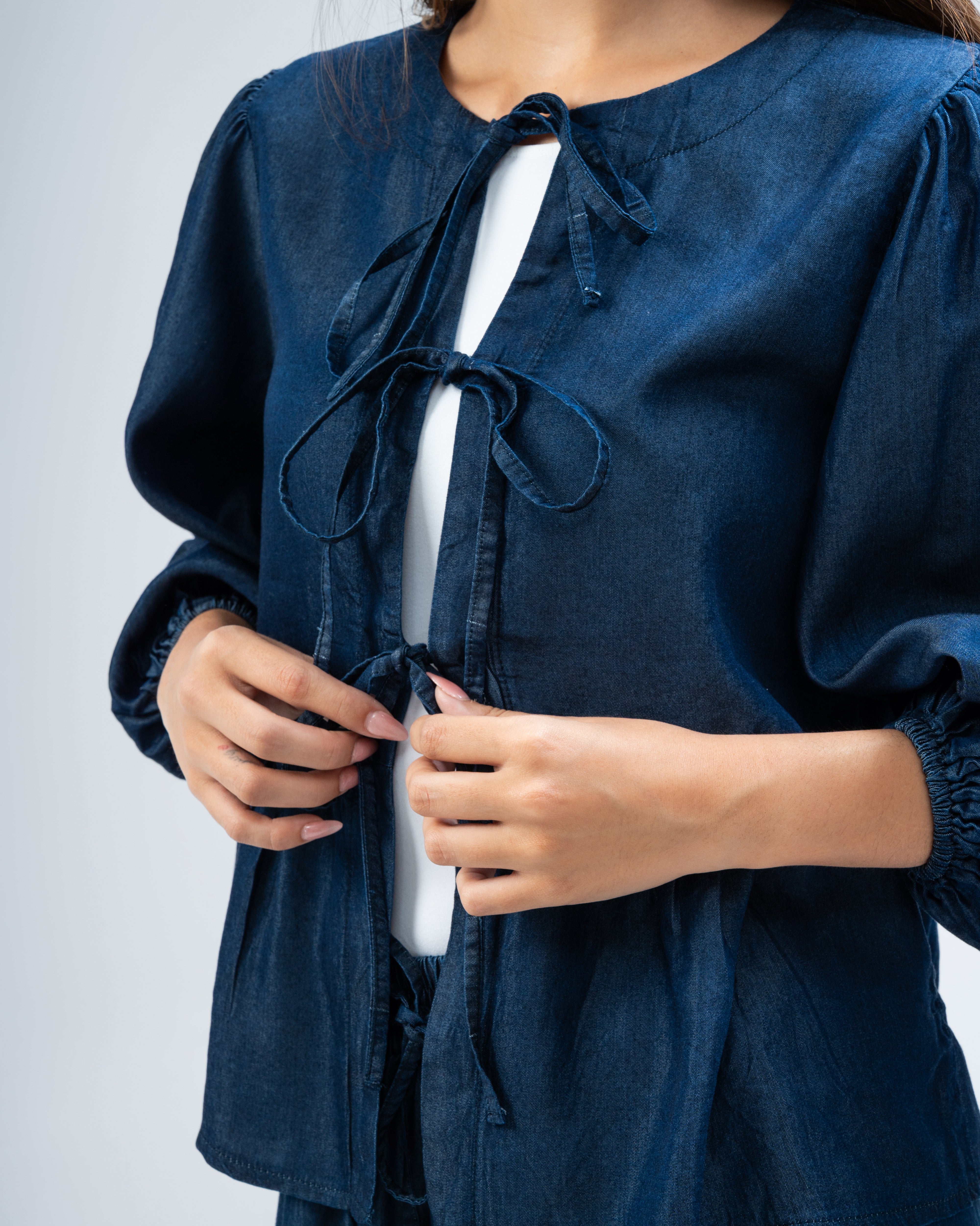 Denim blouse with drawstring