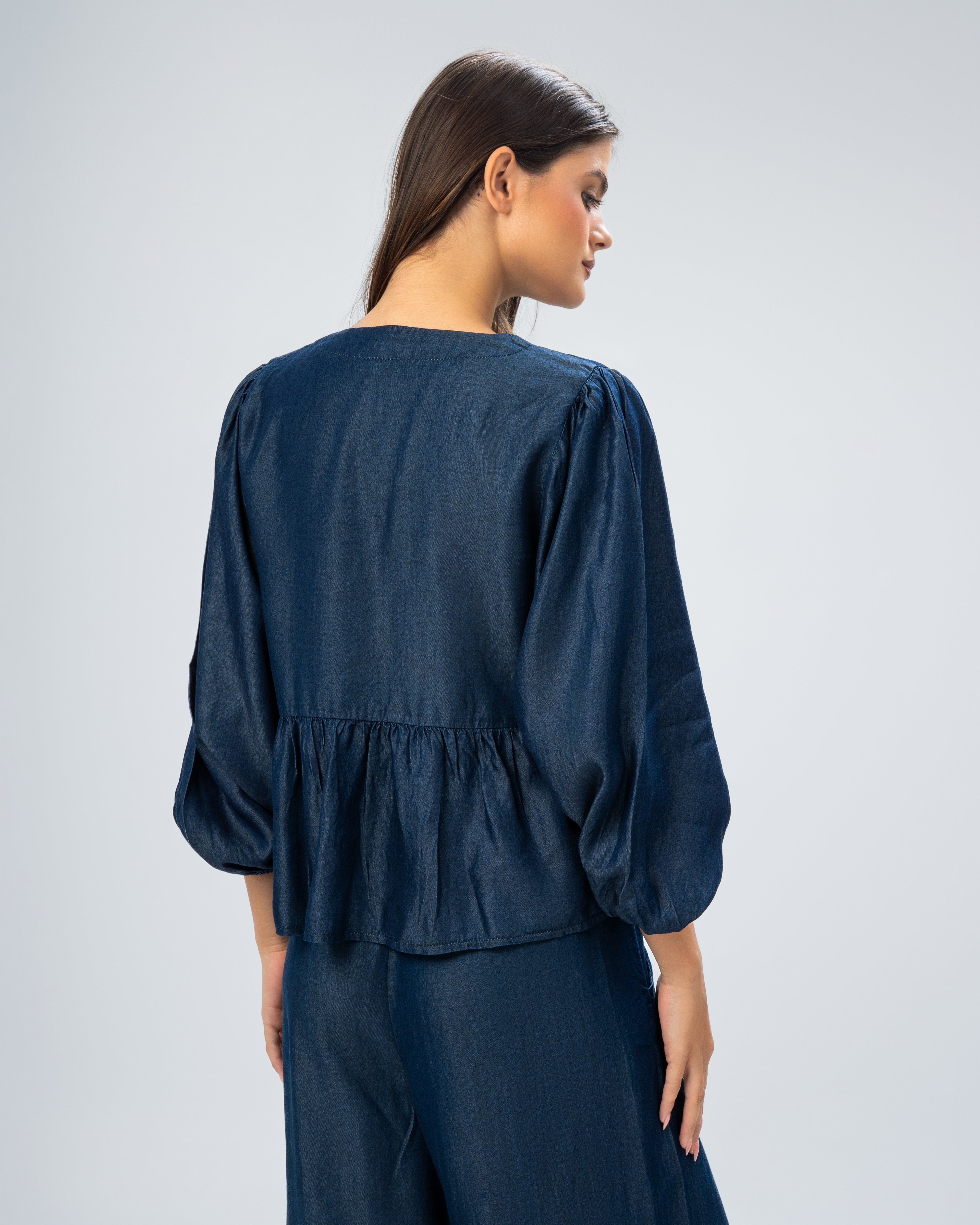 Denim blouse with drawstring