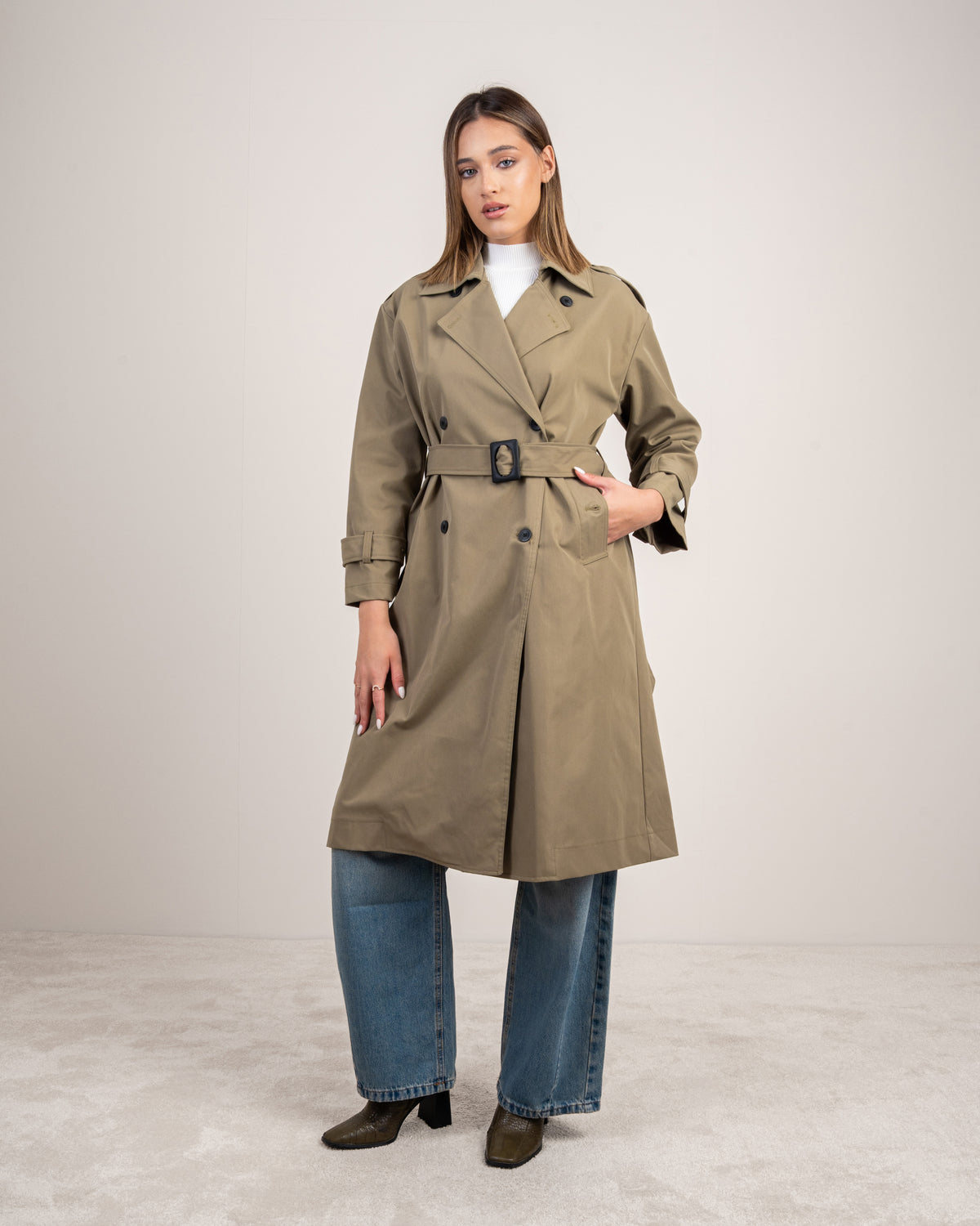 Gabardine trench coat with a belt