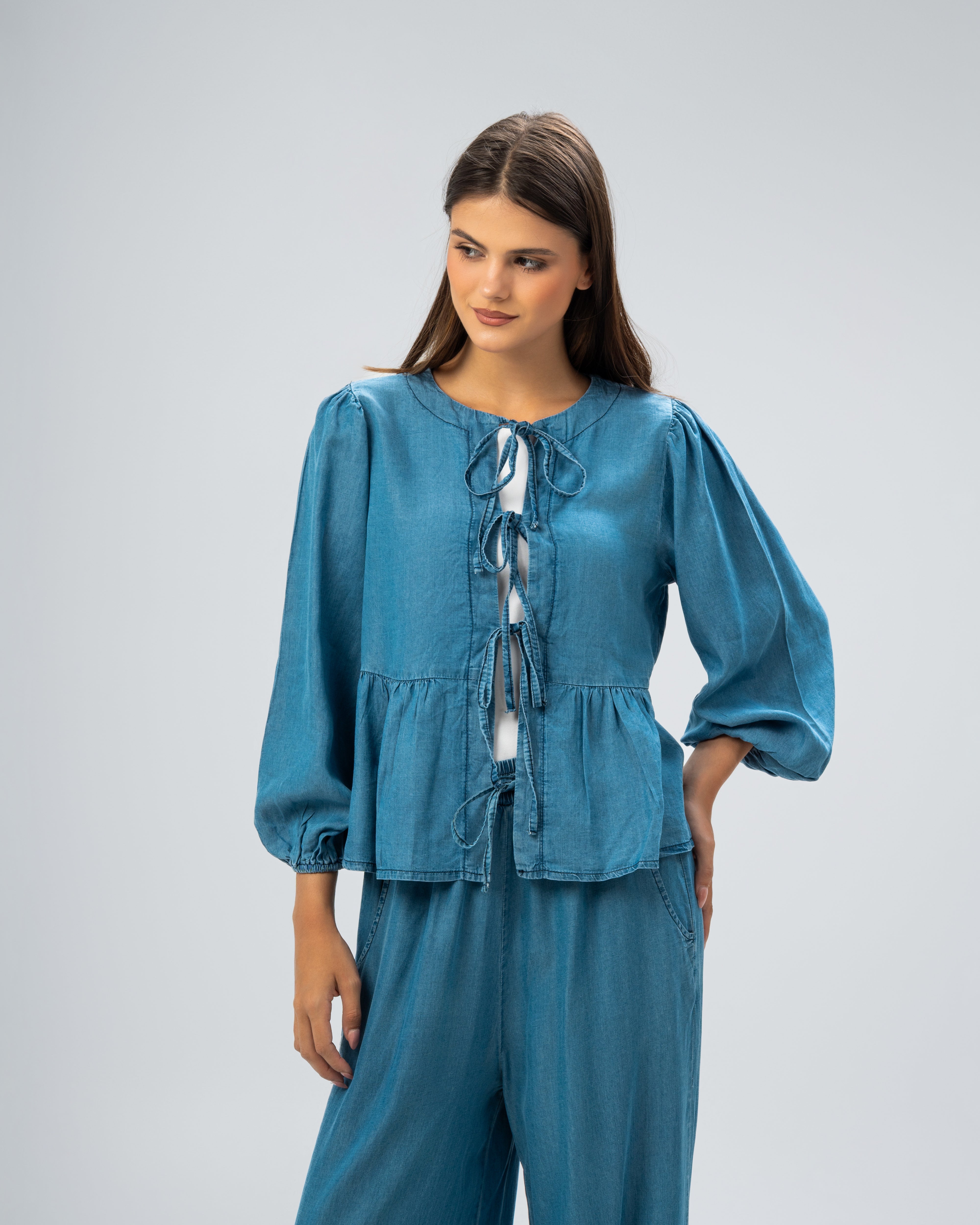 Denim blouse with drawstring