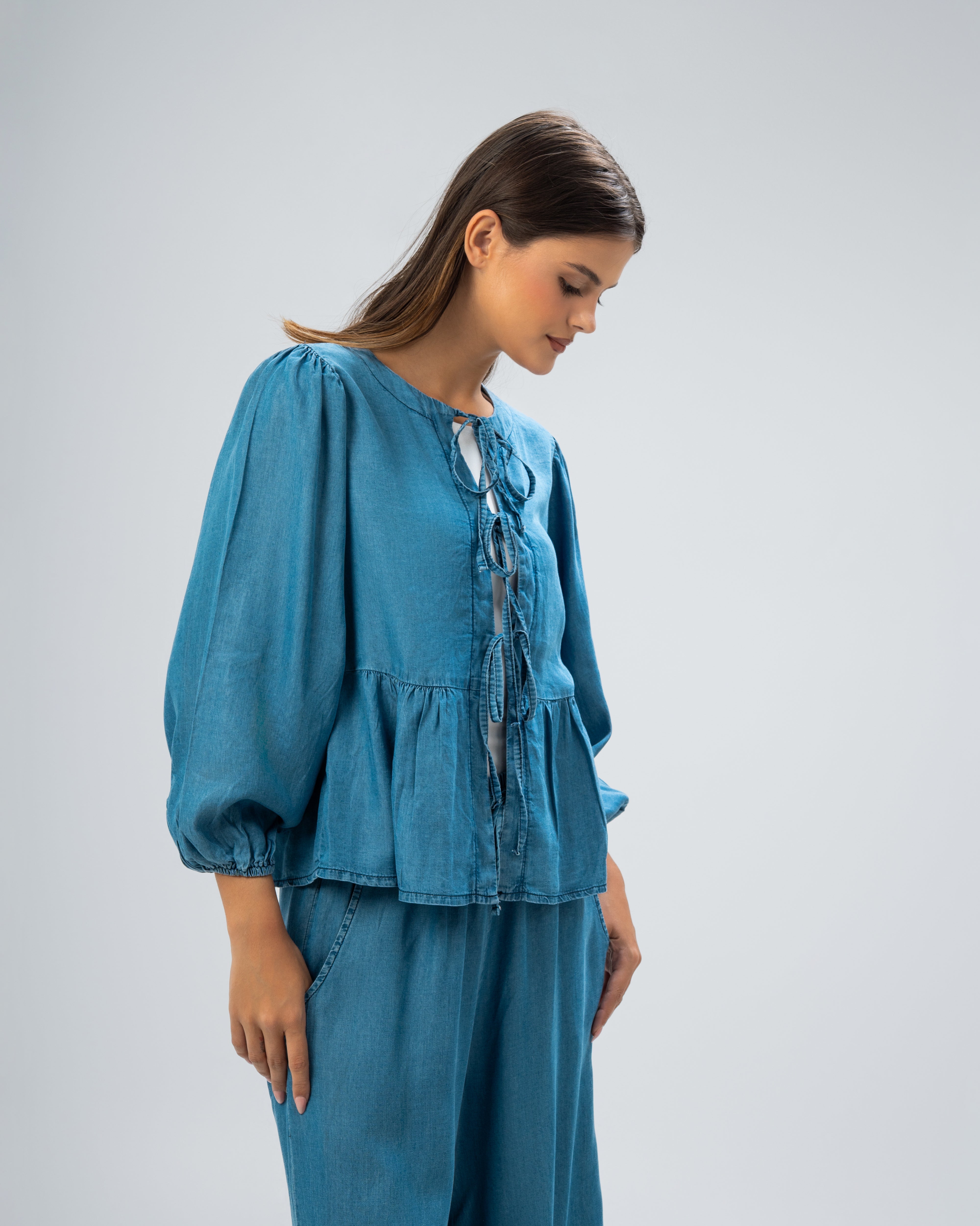 Denim blouse with drawstring