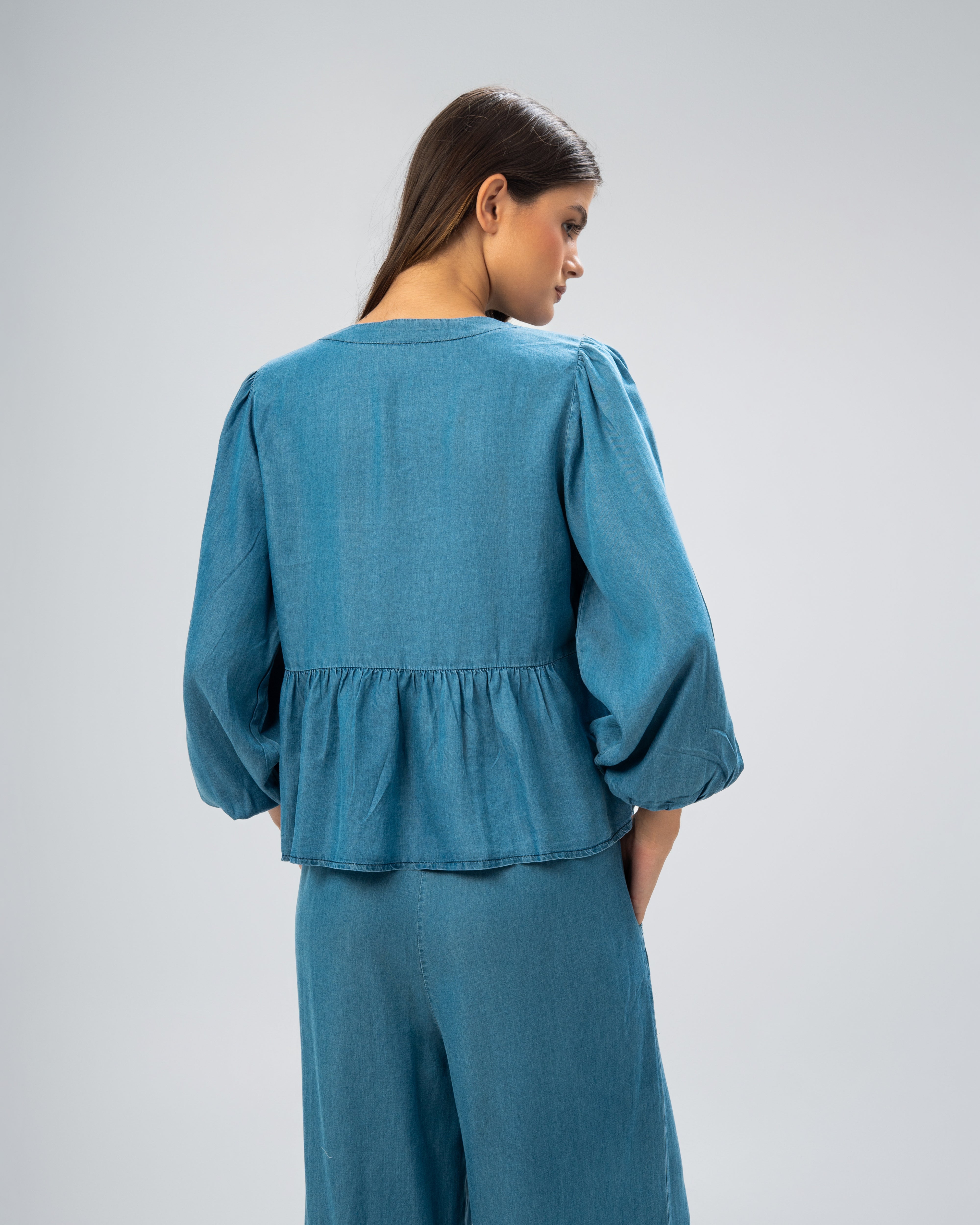 Denim blouse with drawstring