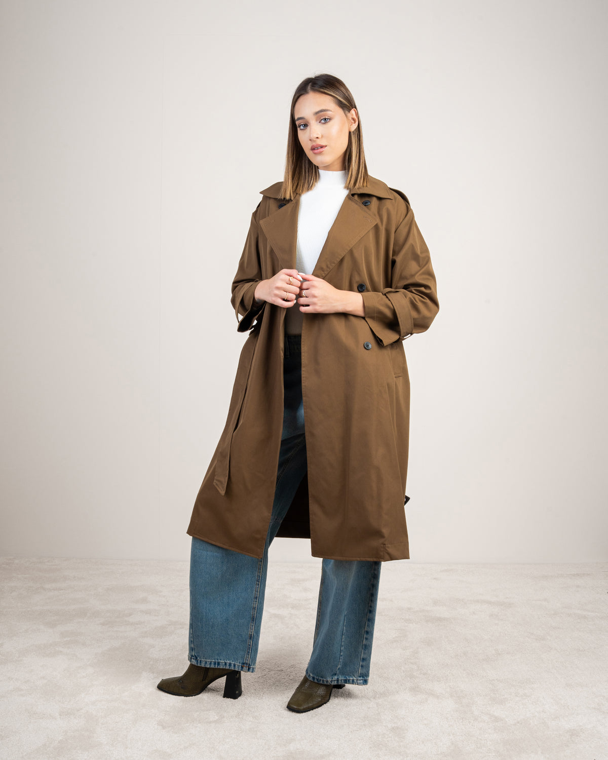 Gabardine trench coat with a belt