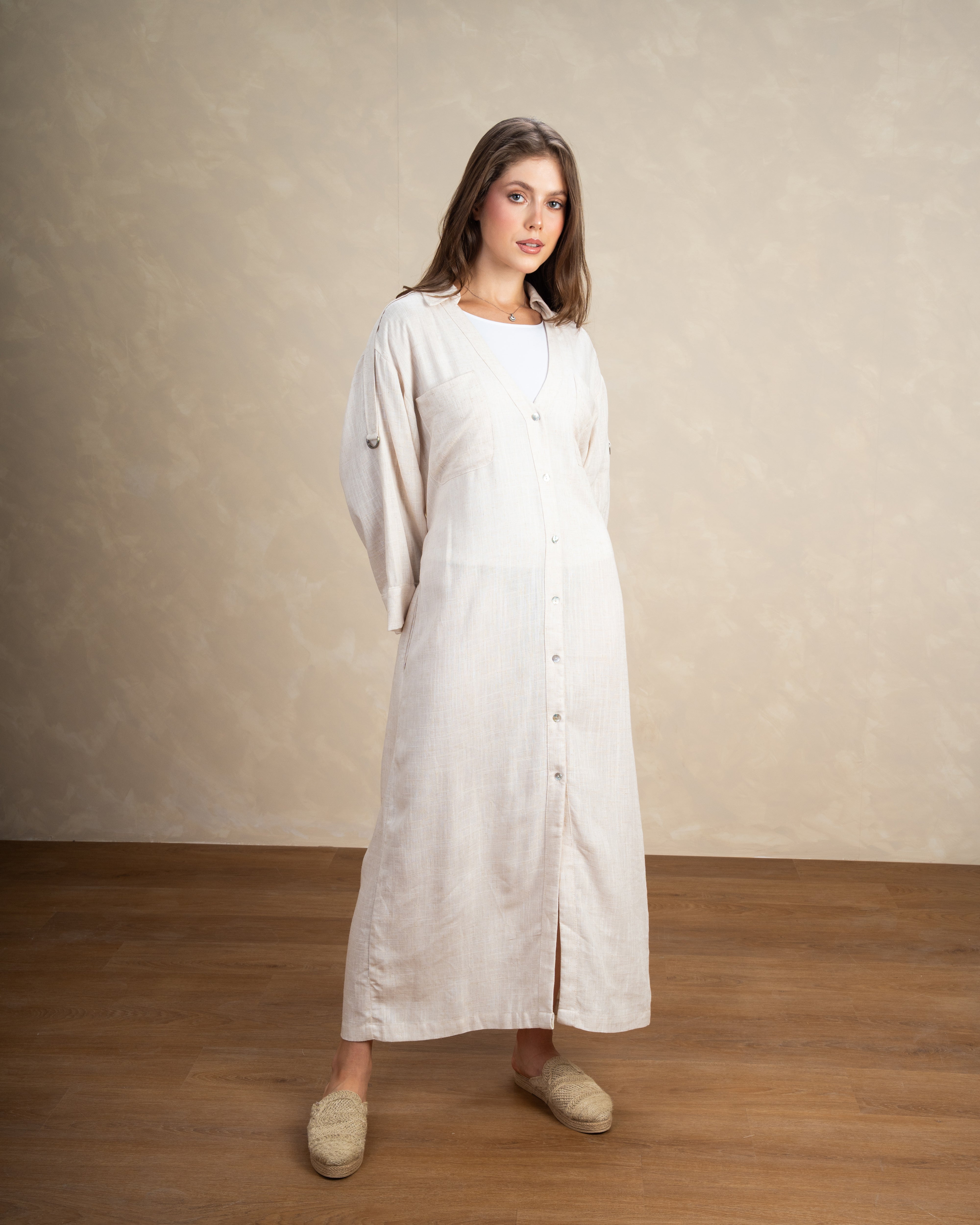 Plain Button-Up Dress With Two Pockets