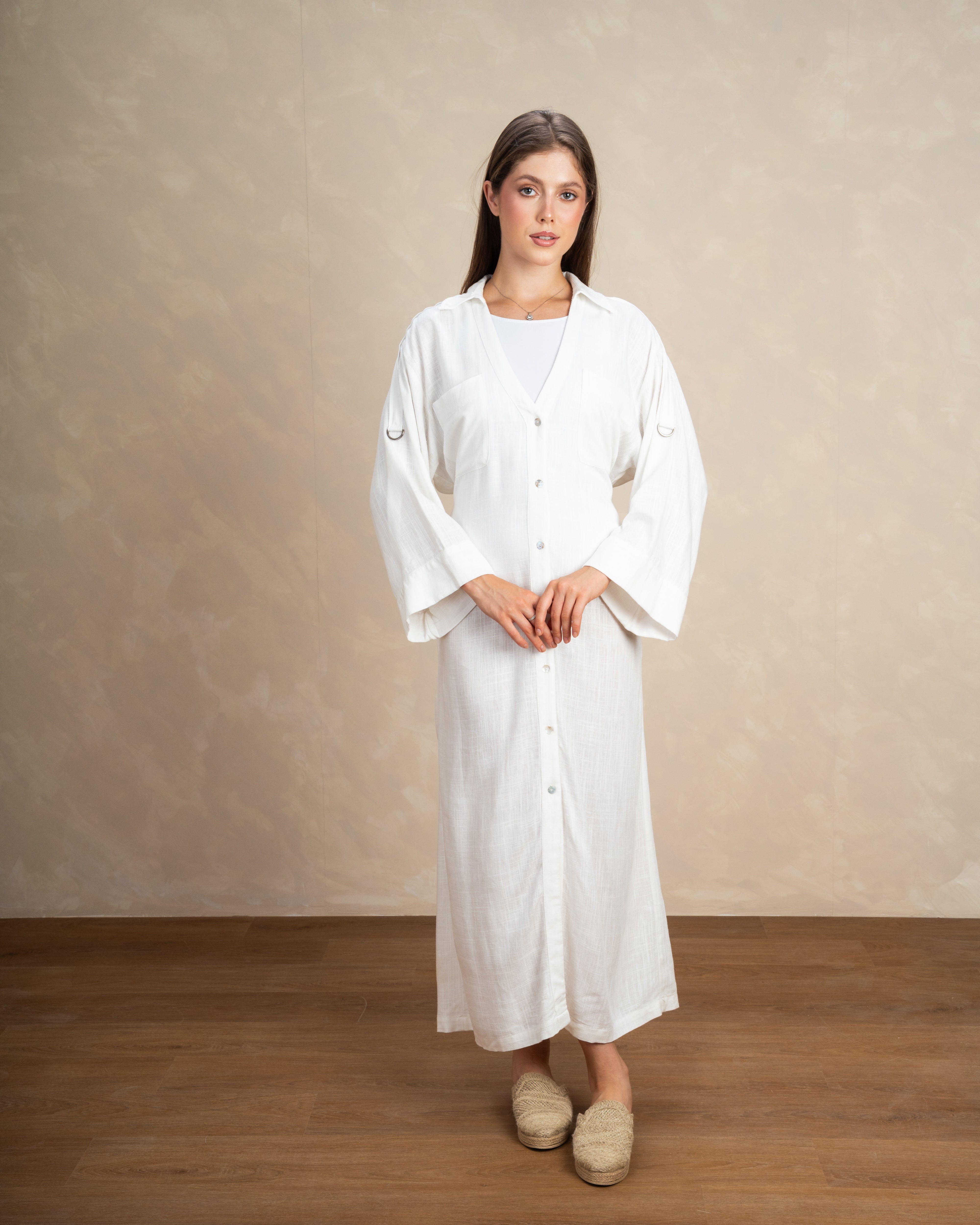 Plain Button-Up Dress With Two Pockets