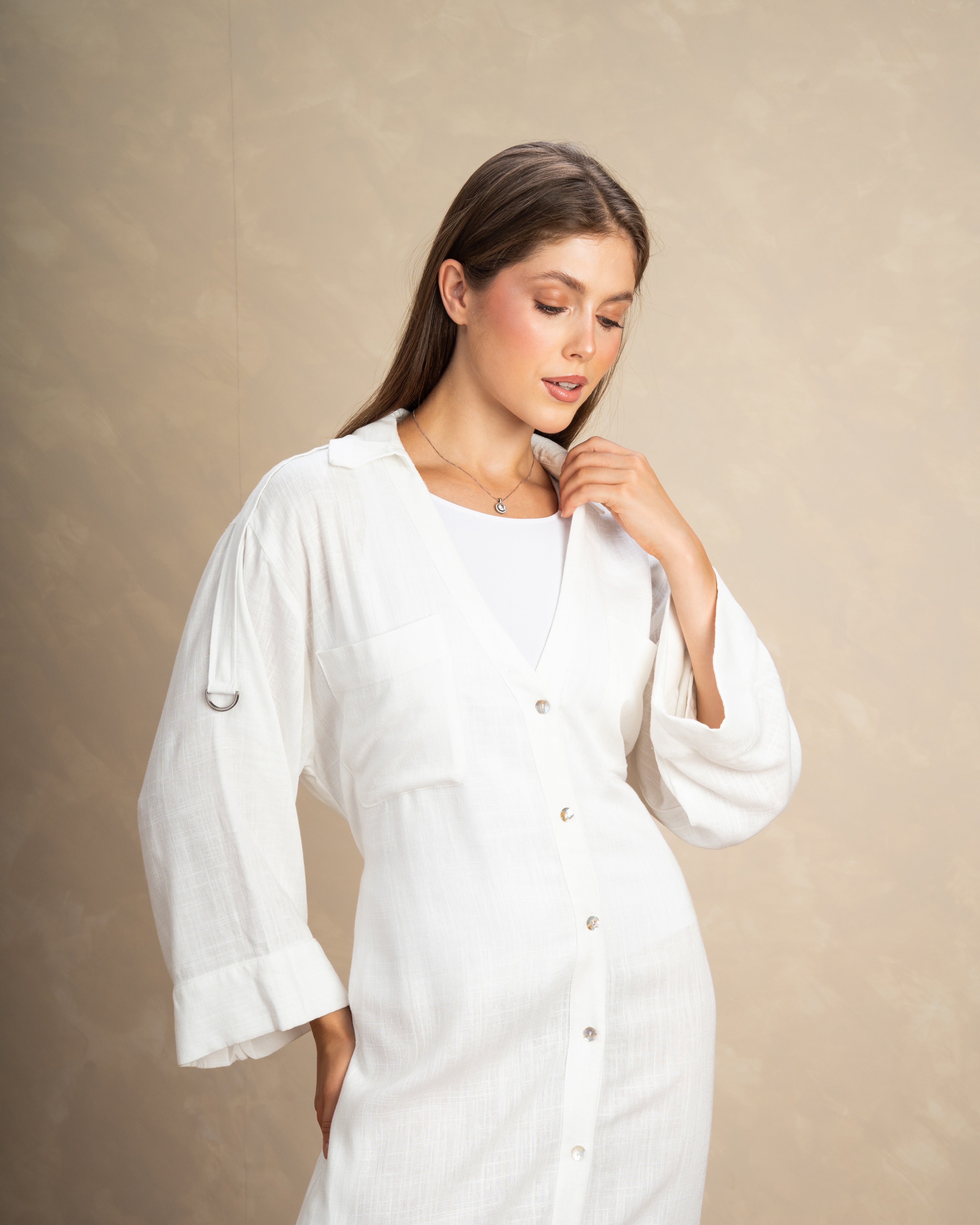 Plain Button-Up Dress With Two Pockets