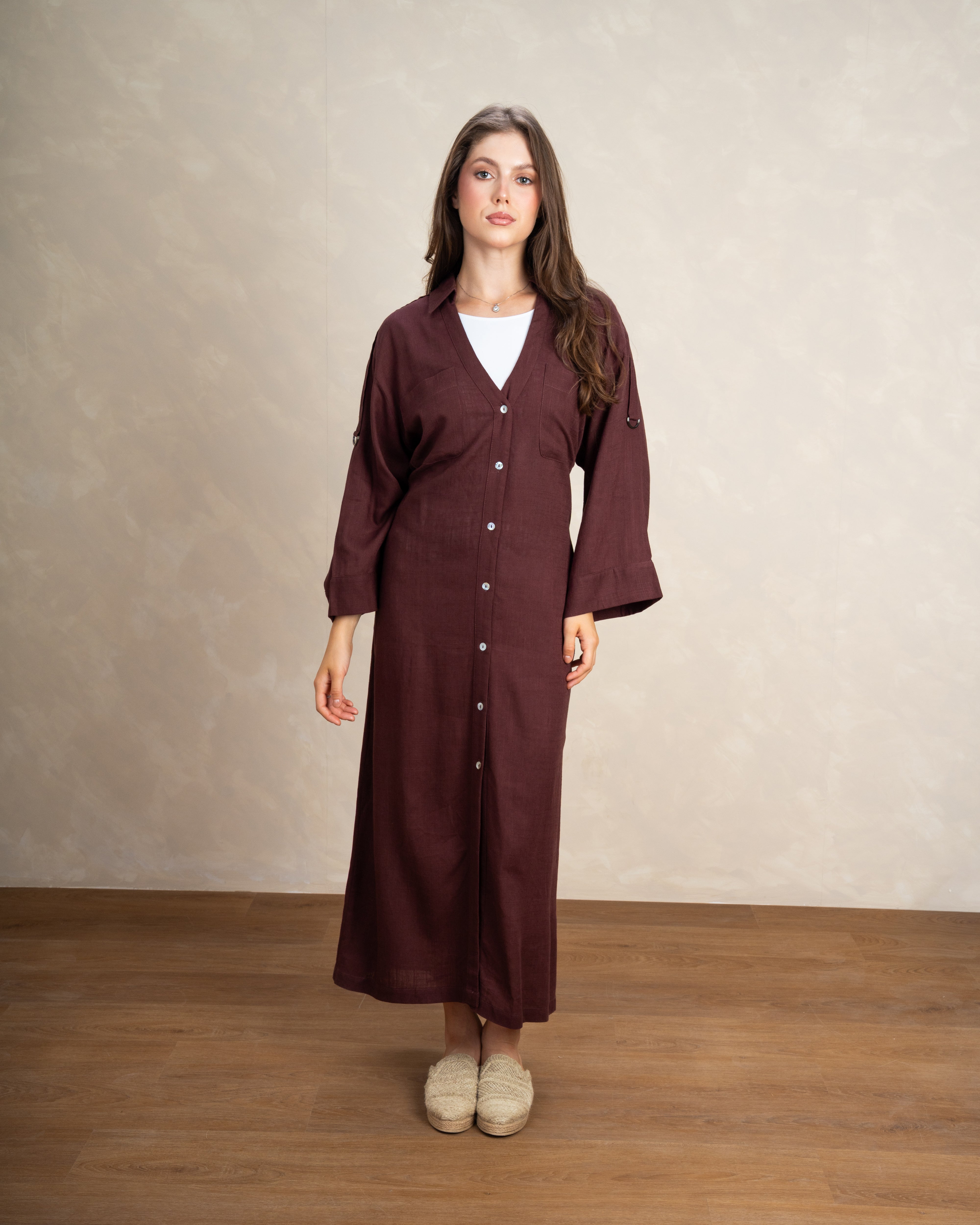 Plain Button-Up Dress With Two Pockets