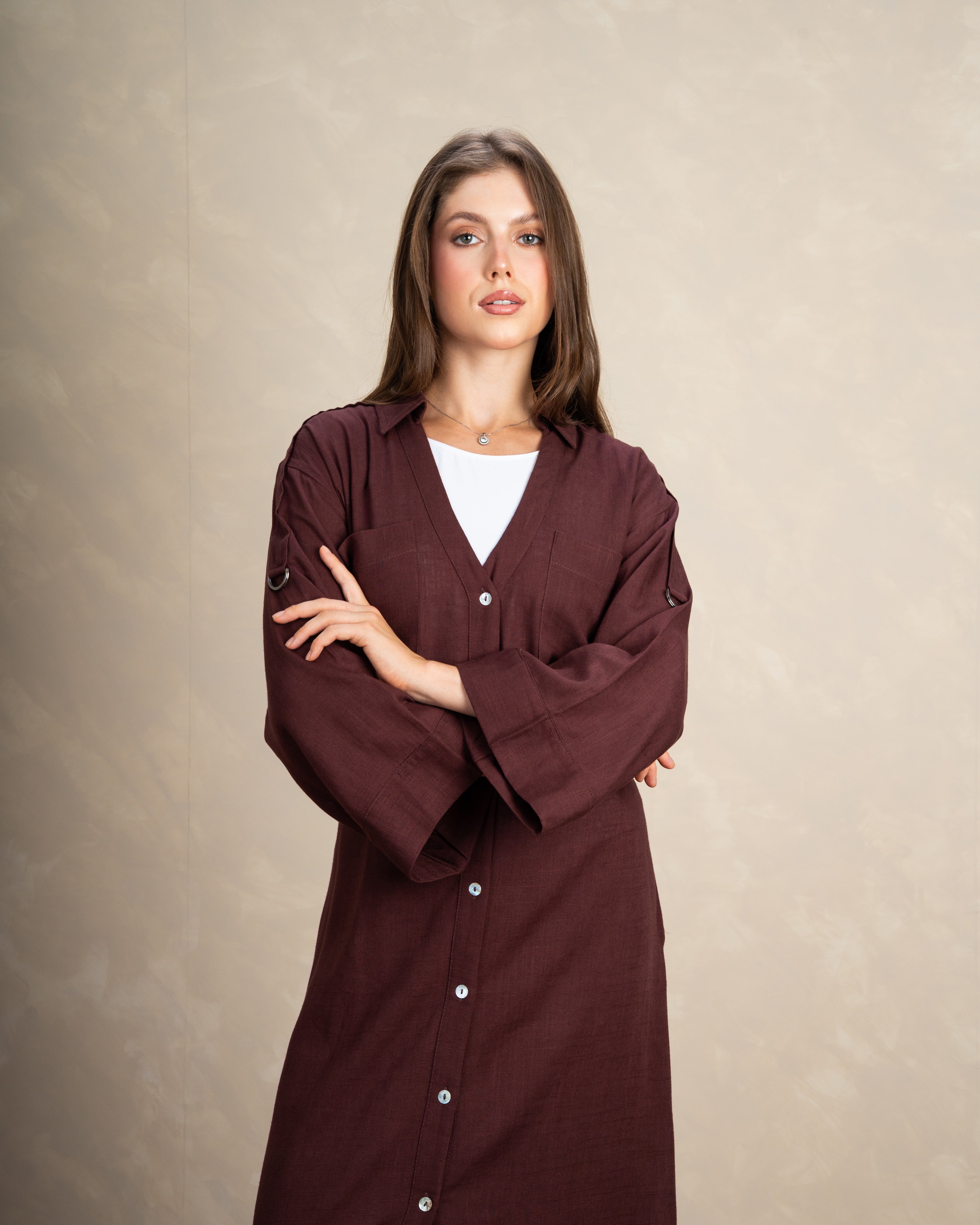 Plain Button-Up Dress With Two Pockets