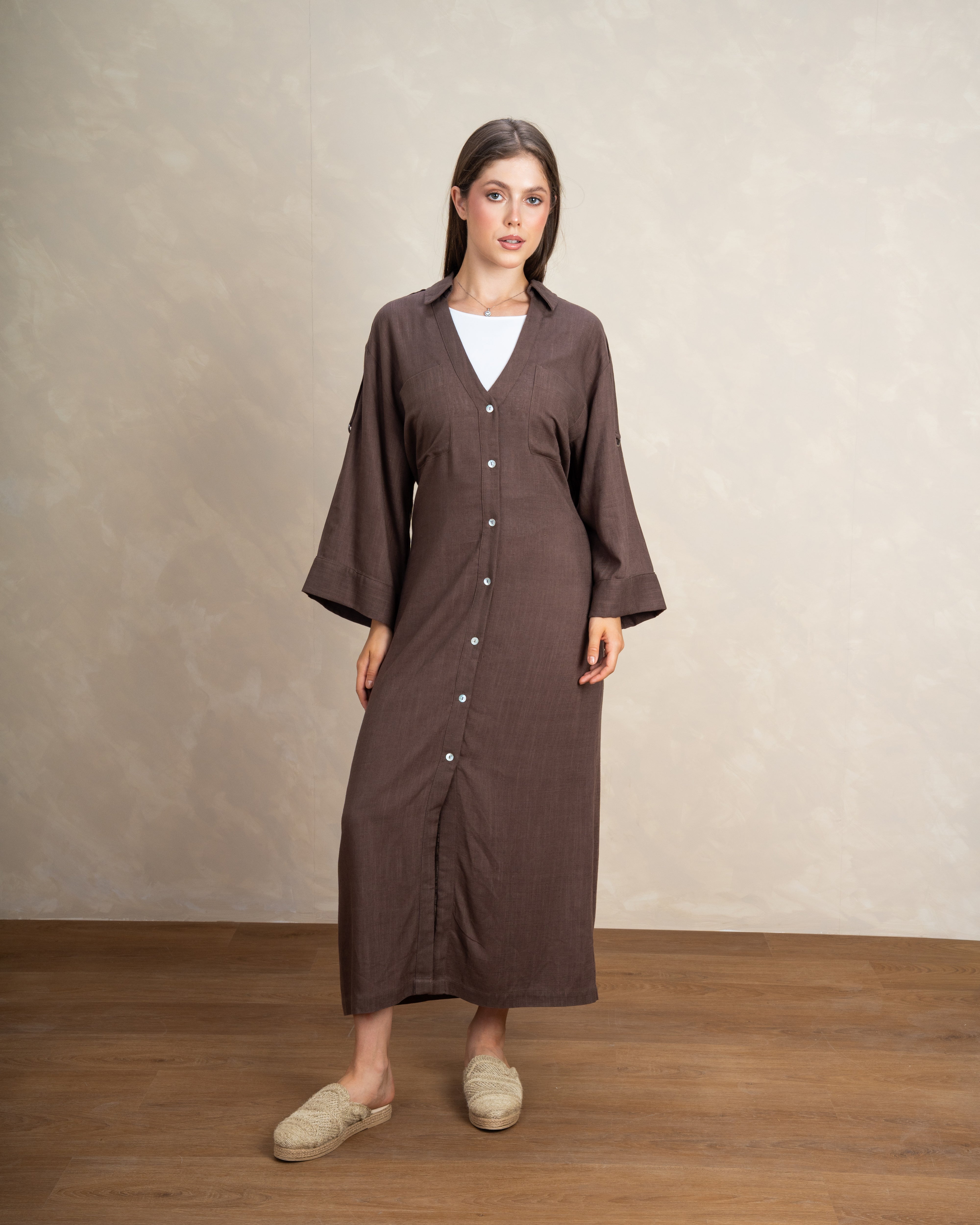 Plain Button-Up Dress With Two Pockets