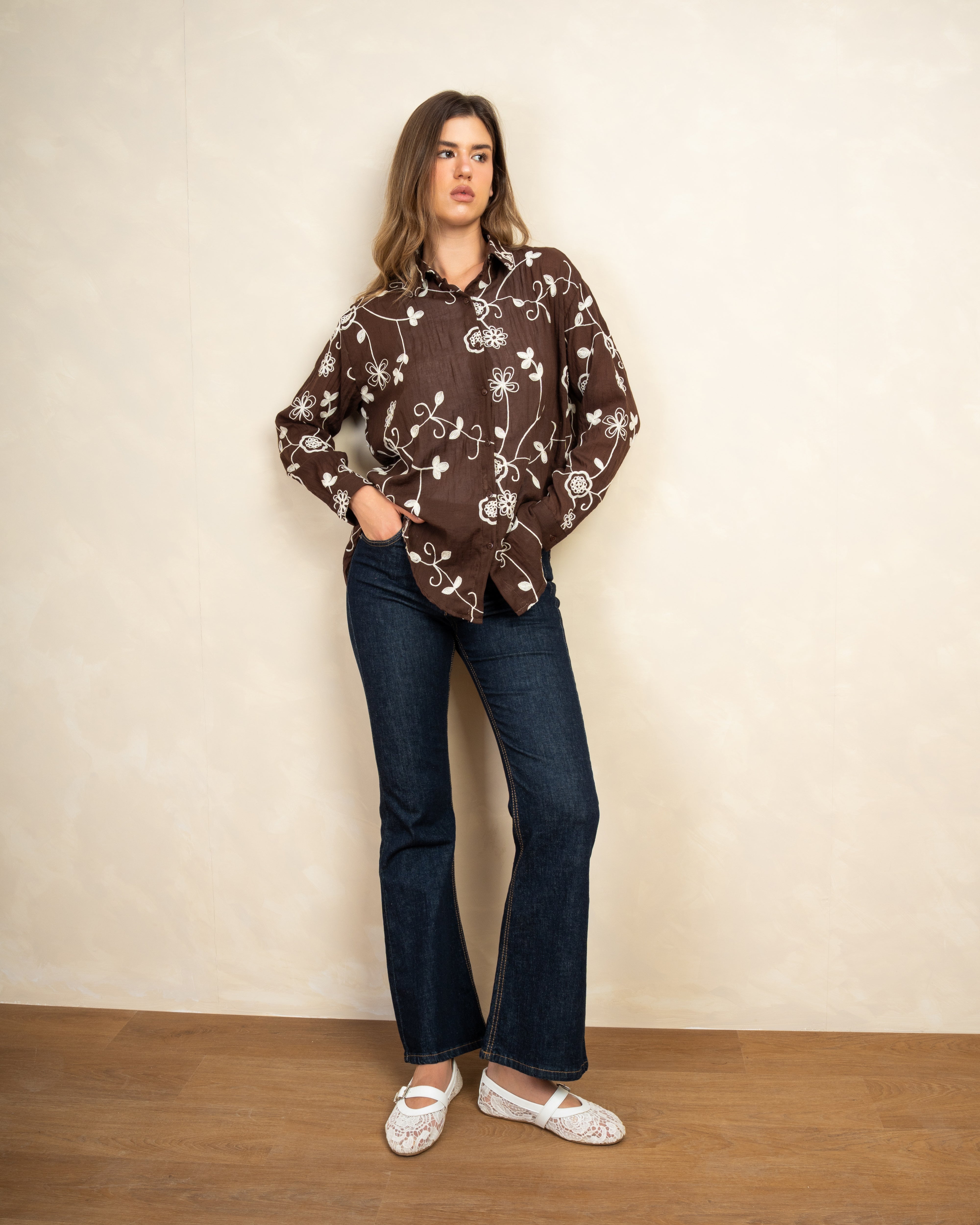 Long Shirt With Intertwined Floral Embroidery