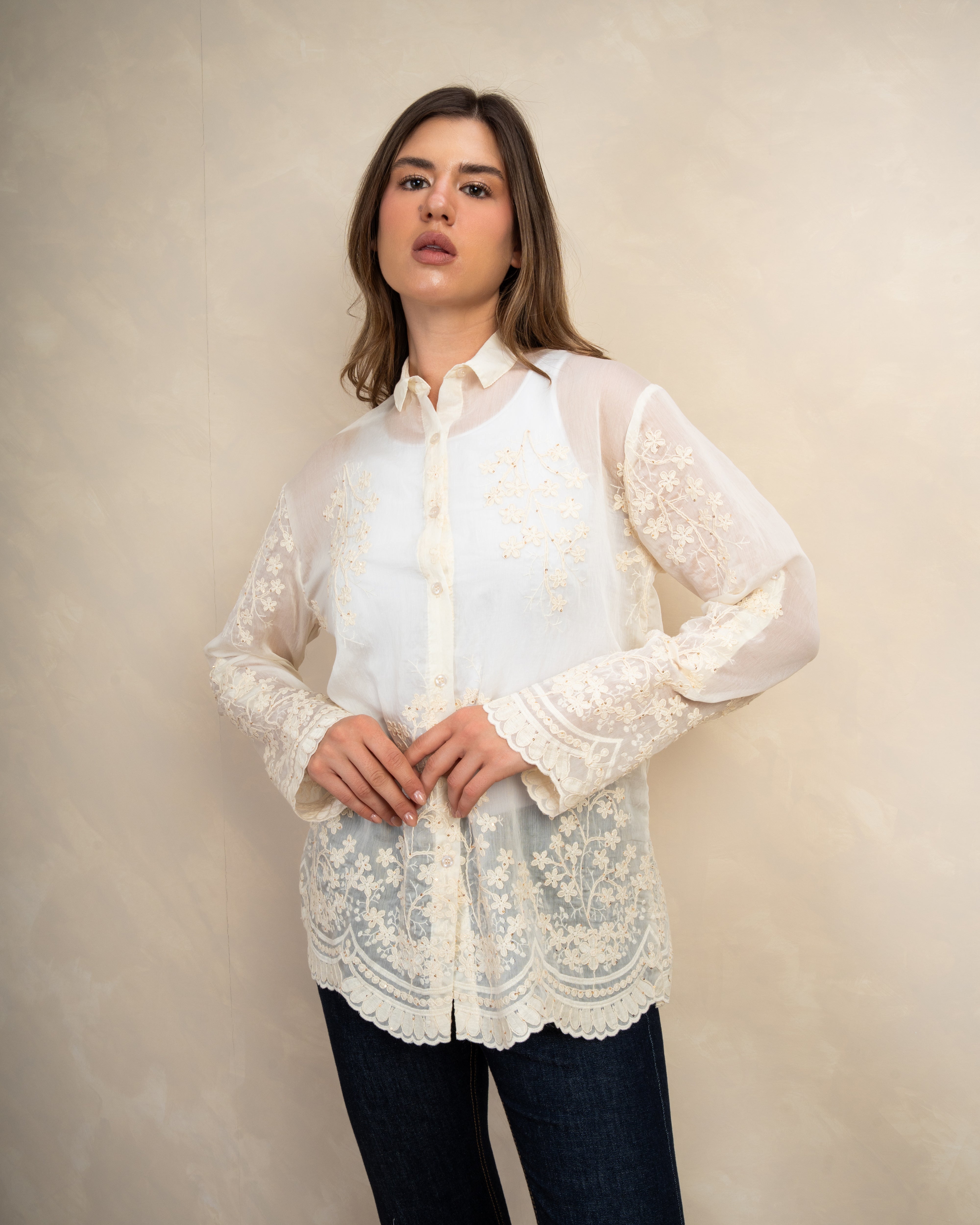 Long Shirt With Floral Waist Embroidery