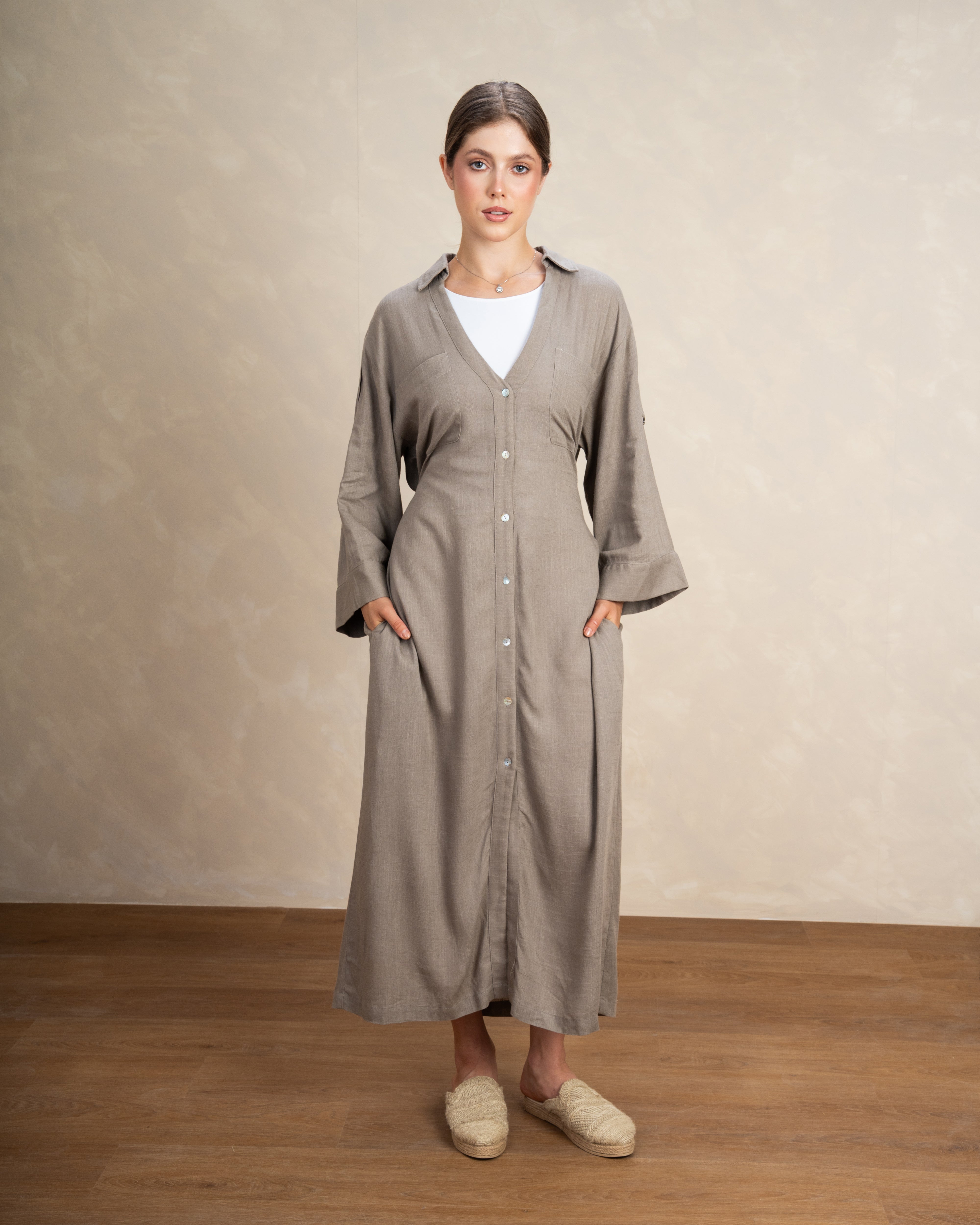 Plain Button-Up Dress With Two Pockets