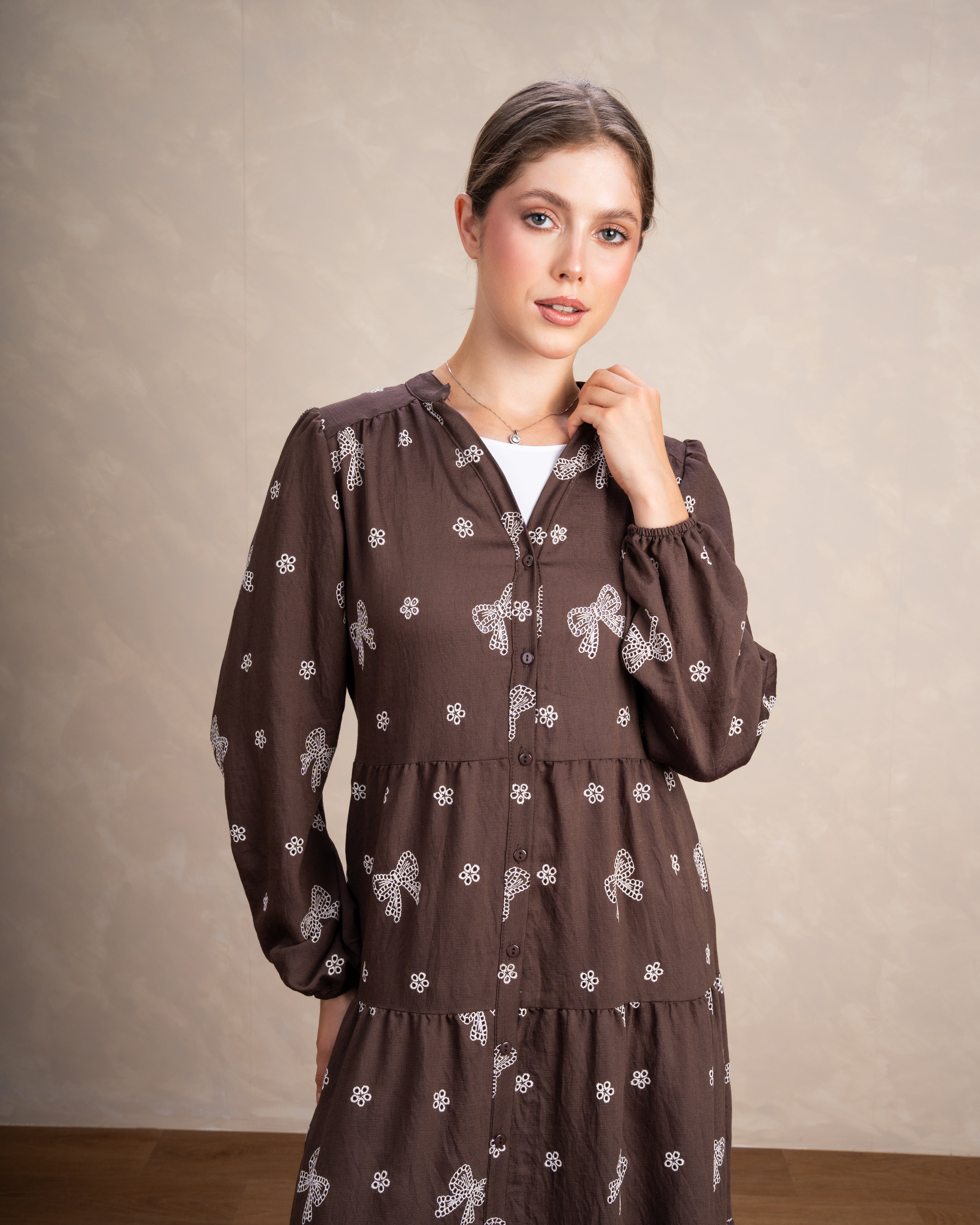 Embroidered Dress With Bow Detail