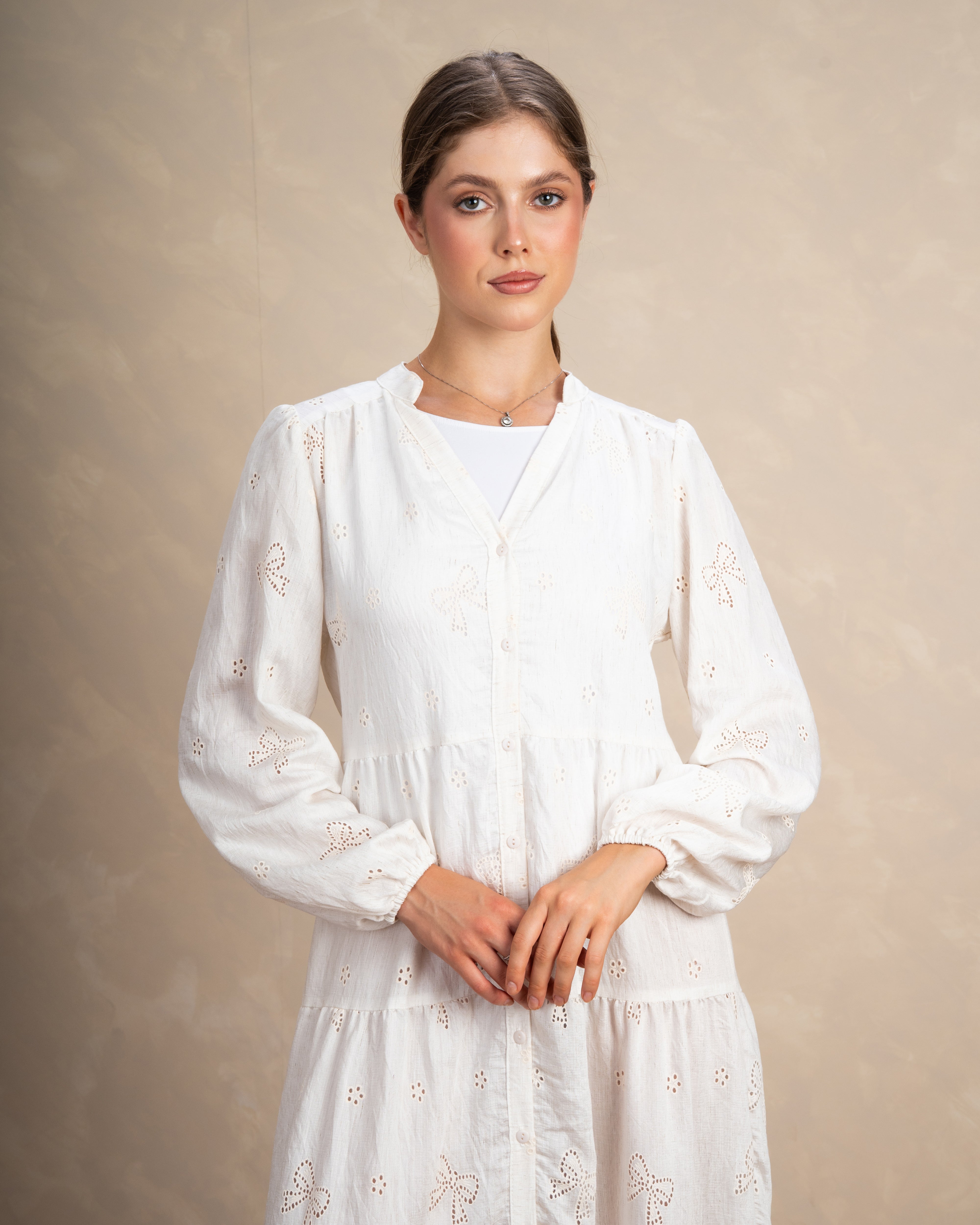 Embroidered Dress With Bow Detail
