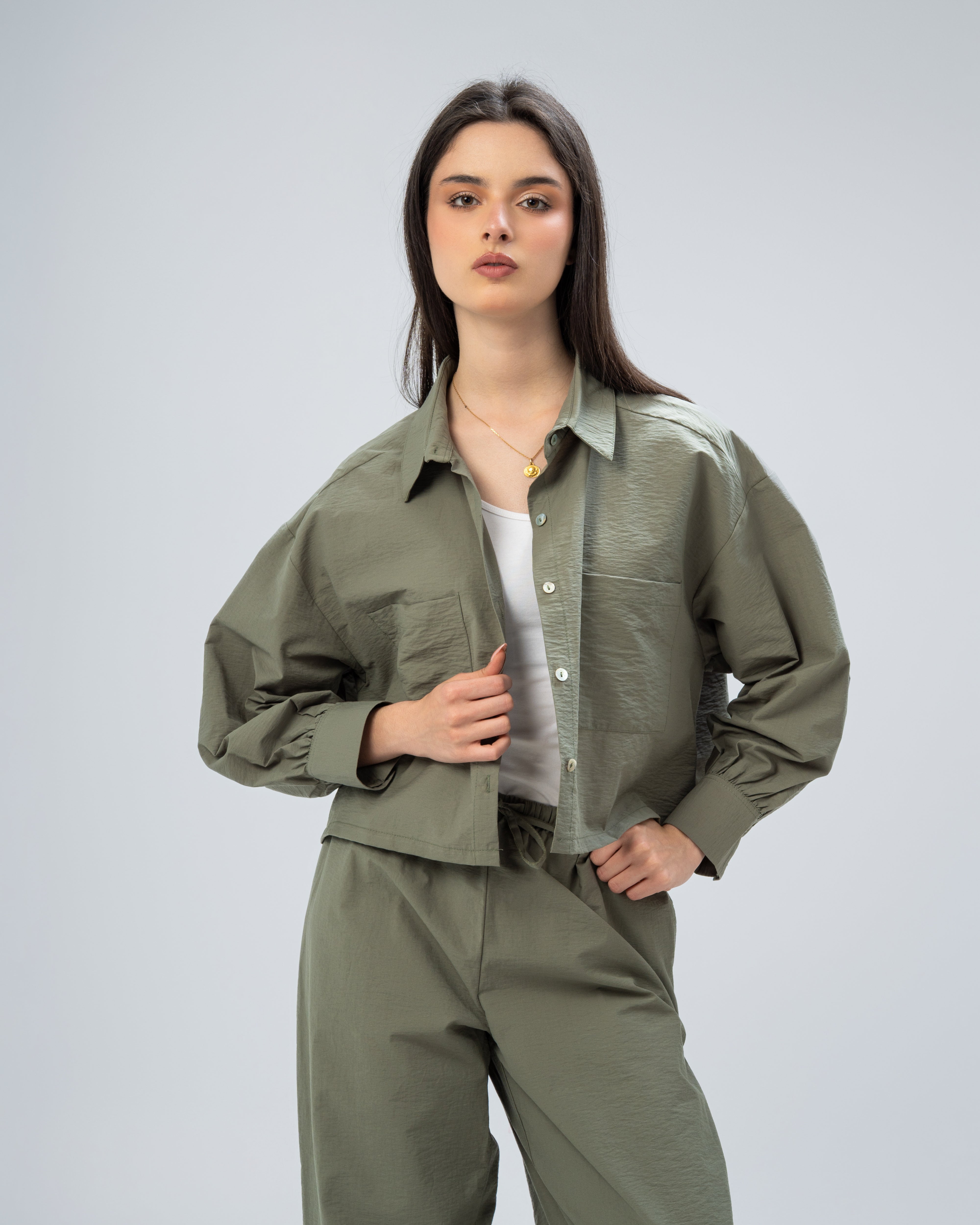 Short Gabardine Shirt with Two Large Pockets
