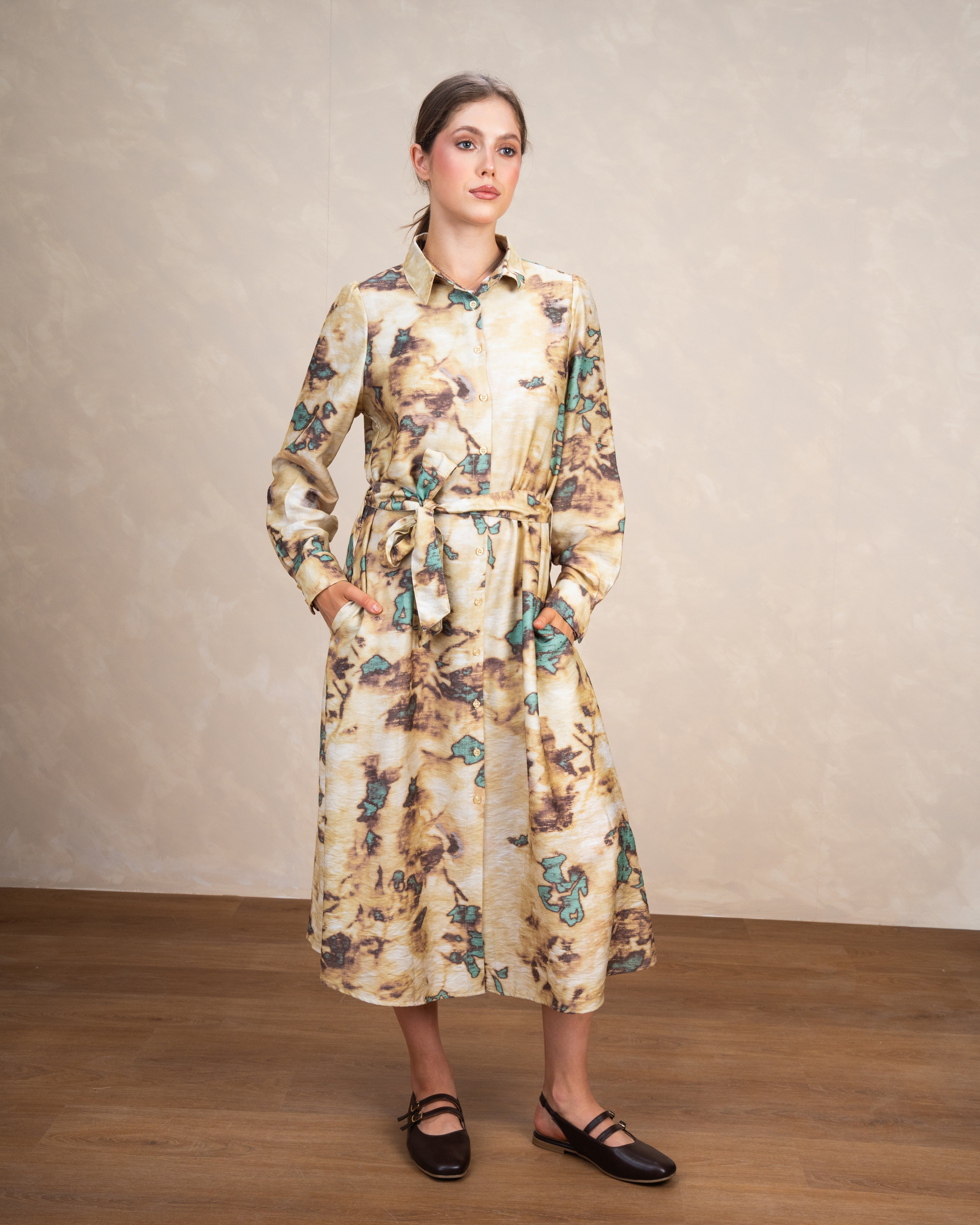 Allover Floral Dress With Waist Belt