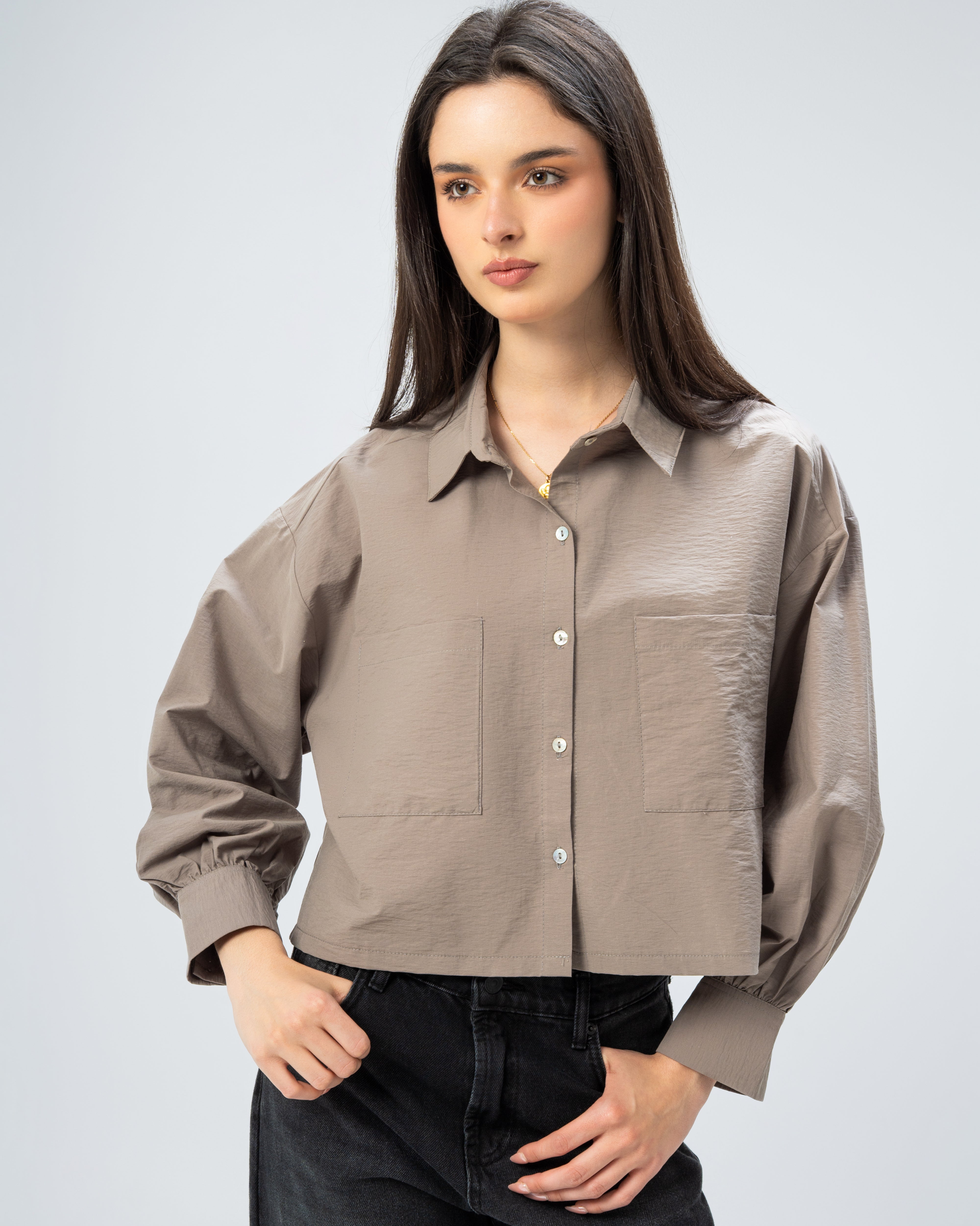 Short Gabardine Shirt with Two Large Pockets