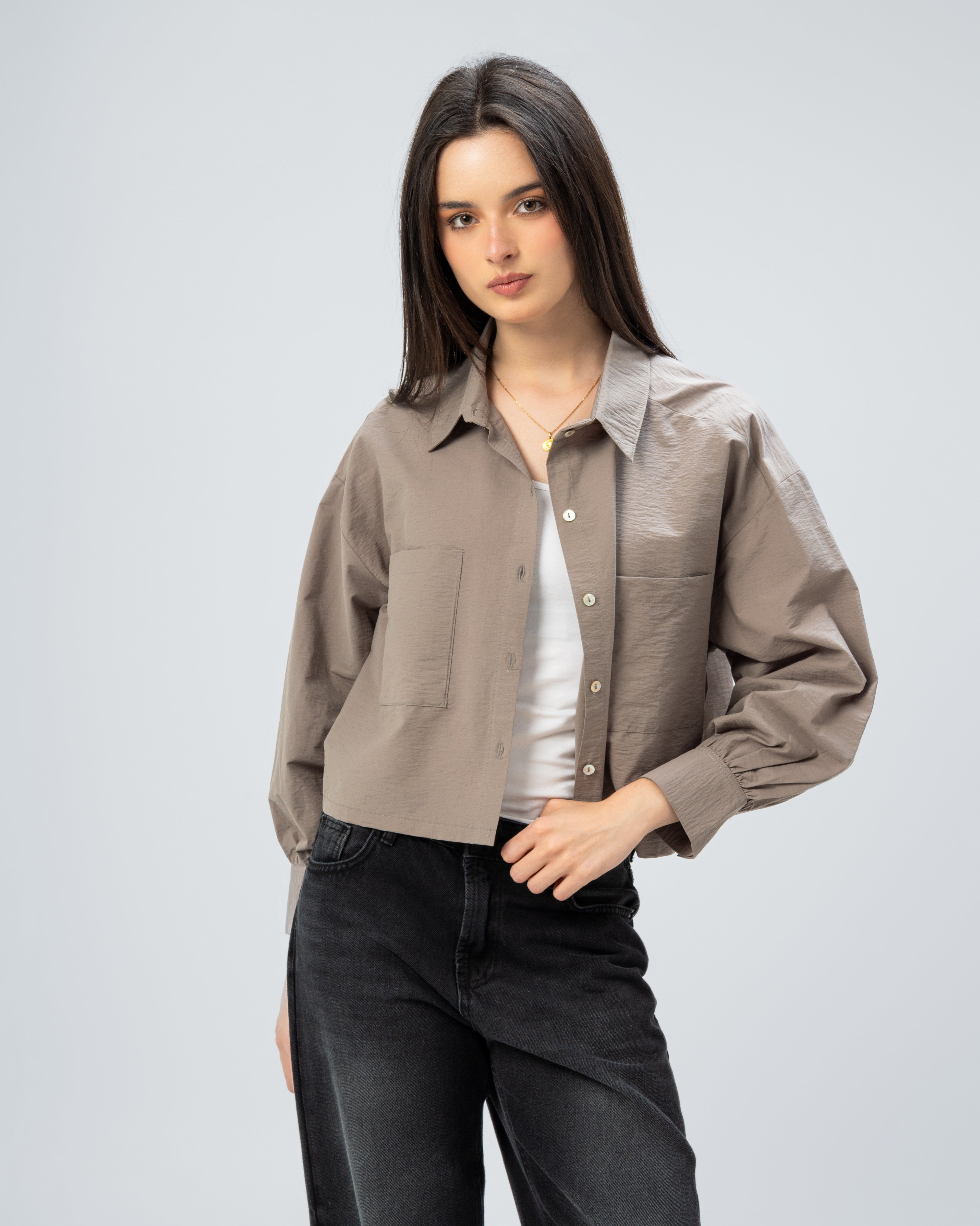 Short Gabardine Shirt with Two Large Pockets