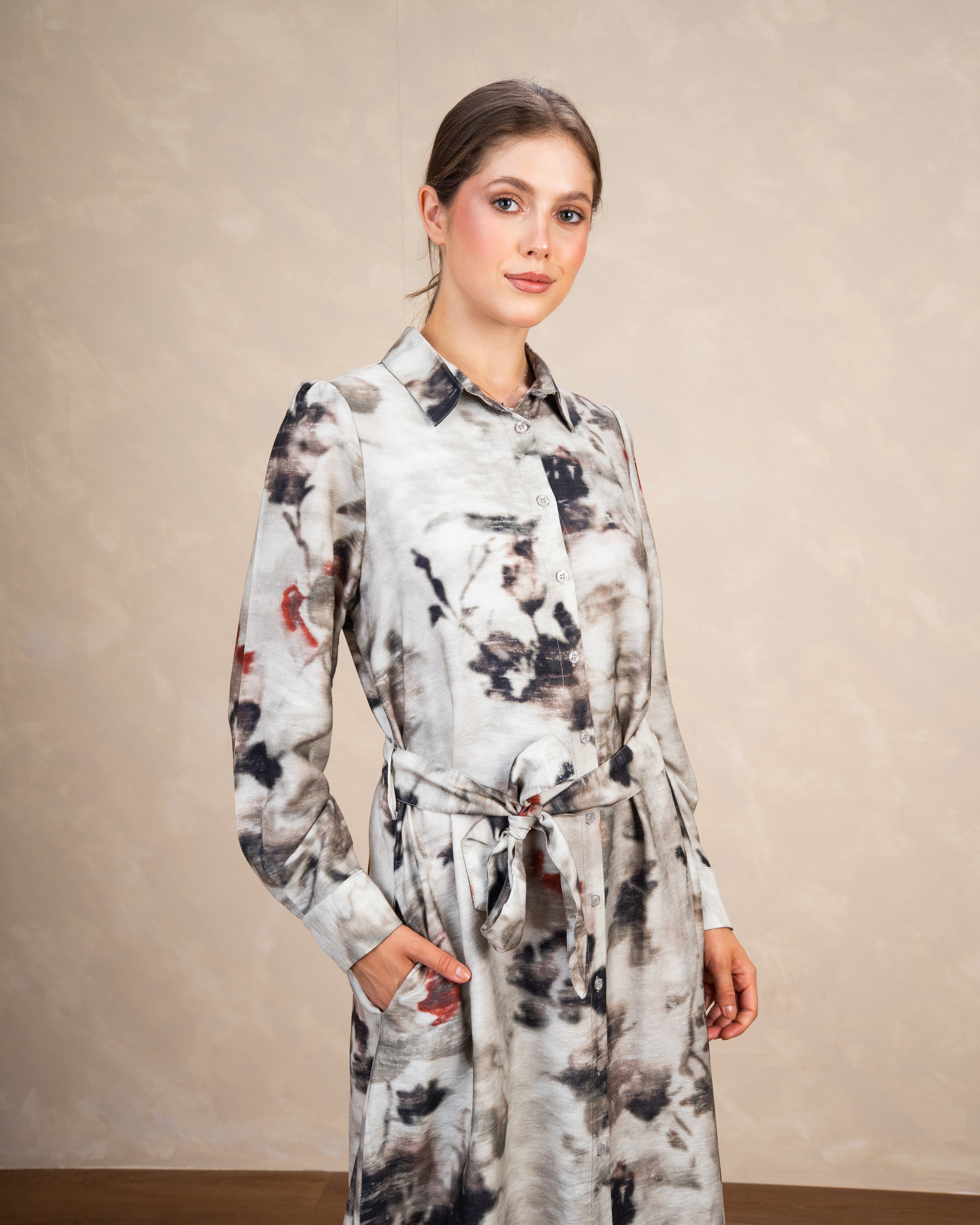Allover Floral Dress With Waist Belt