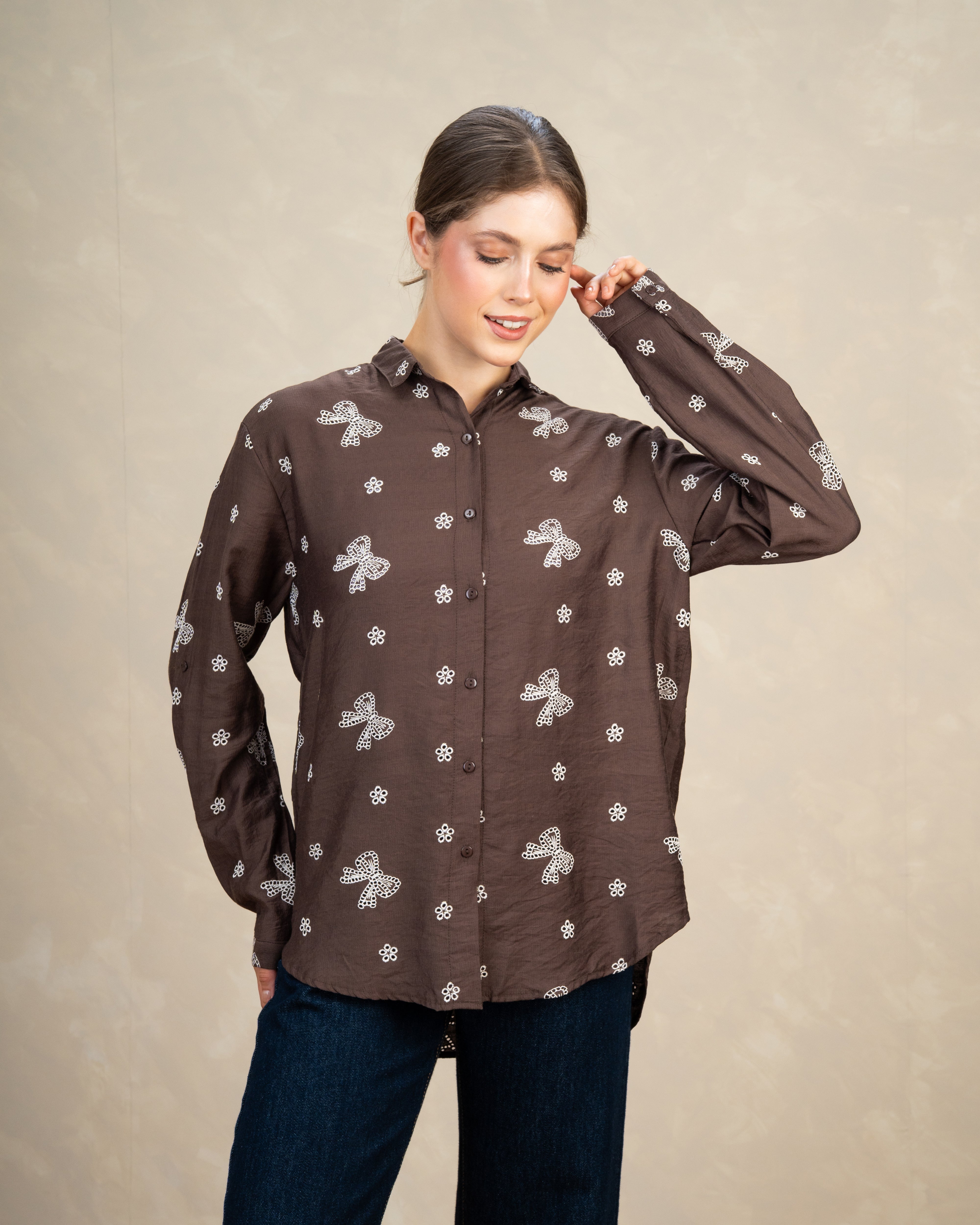 Title: Embroidered Shirt With Bow Detail