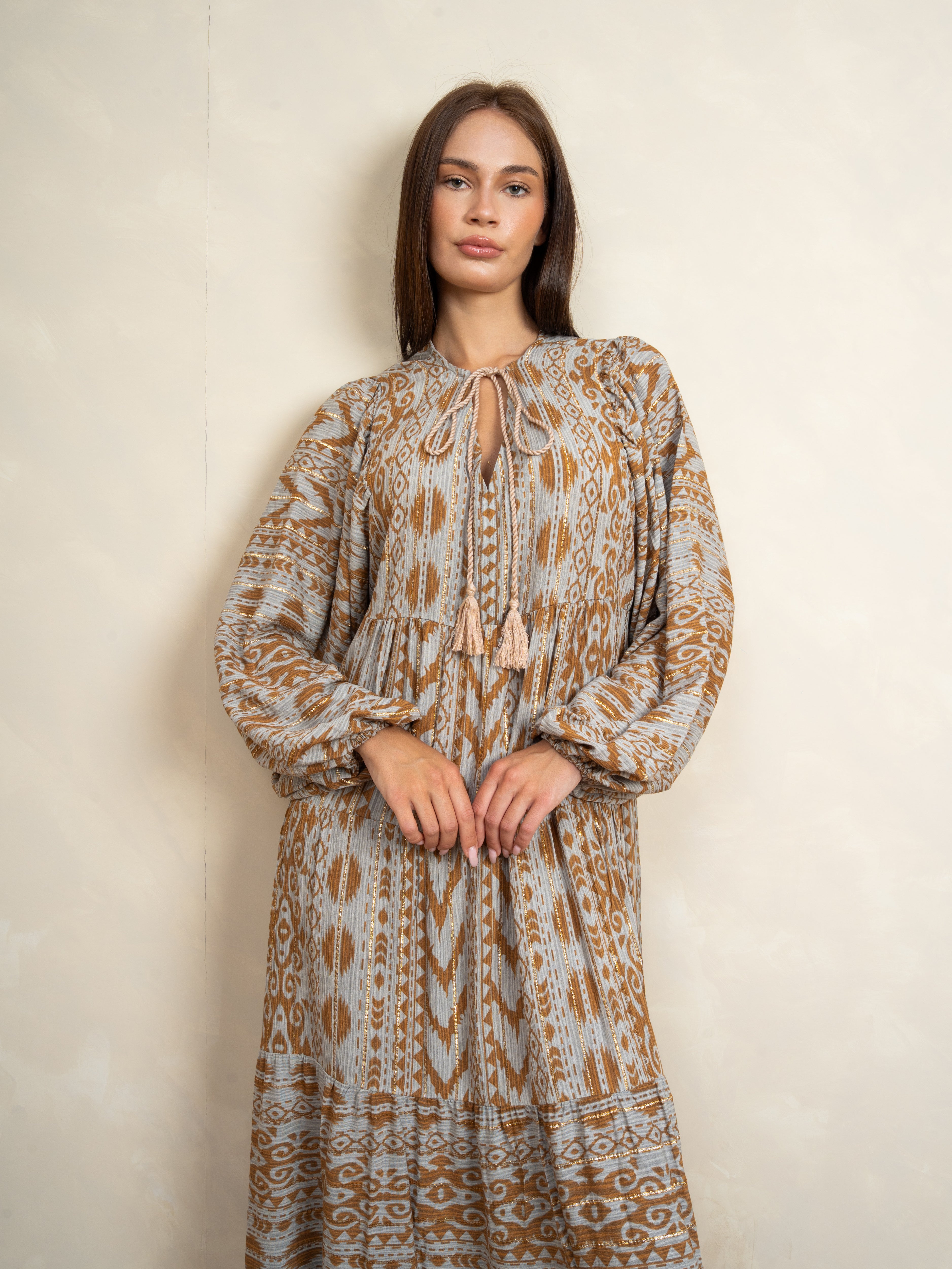 Patterned Tie Neck Dress