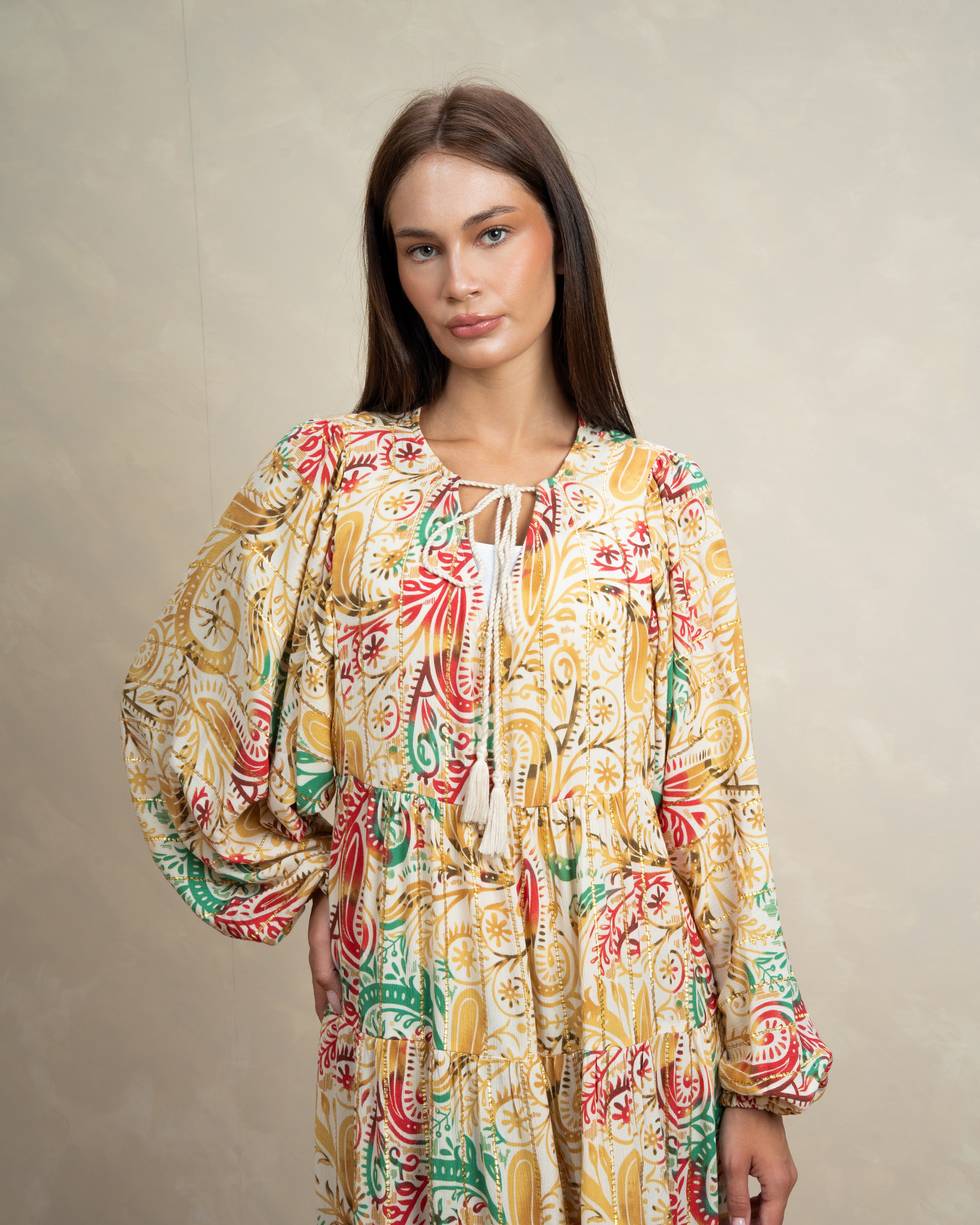 Patterned Tie Neck Dress