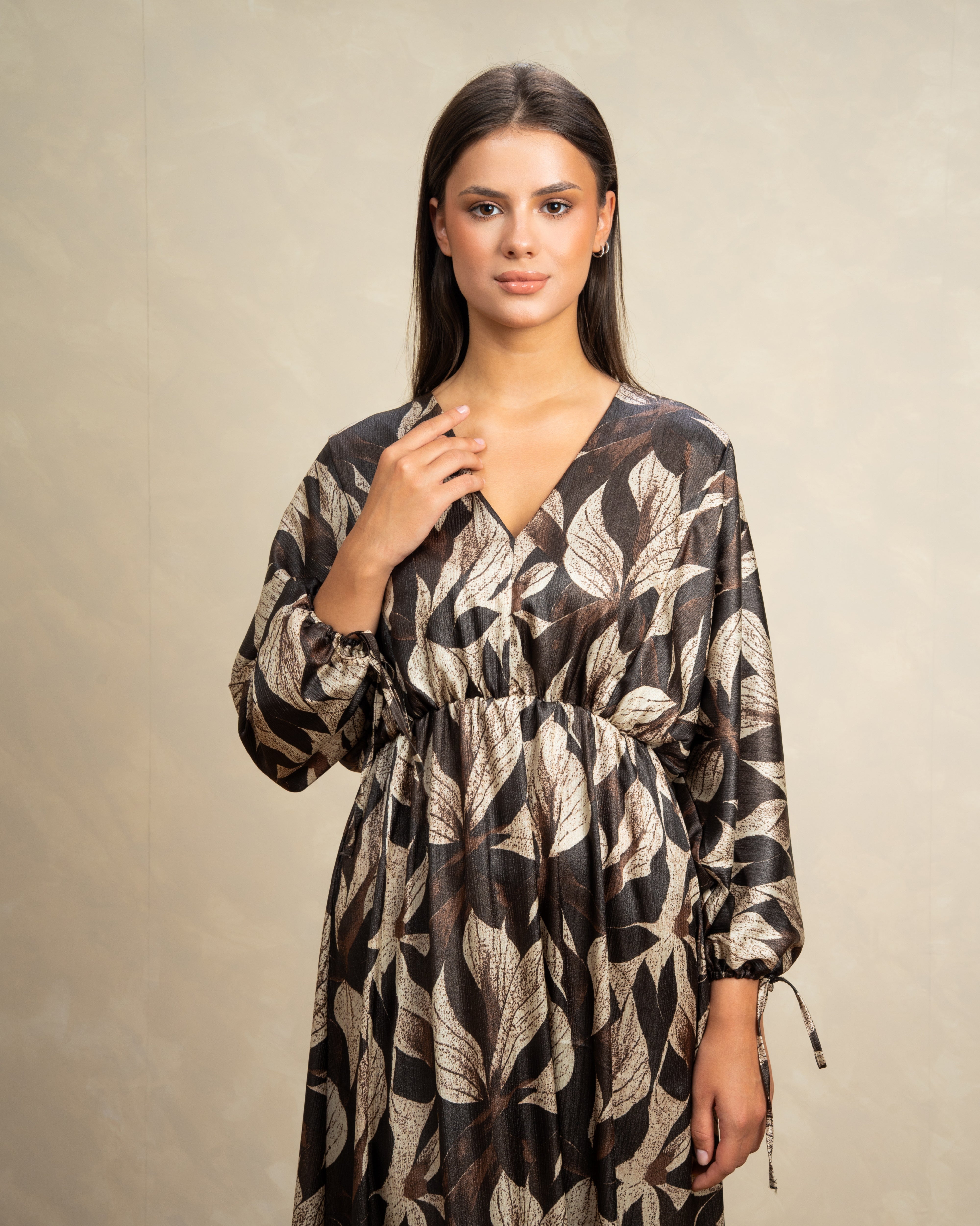 Mixed Print Dress With Tie Sleeves