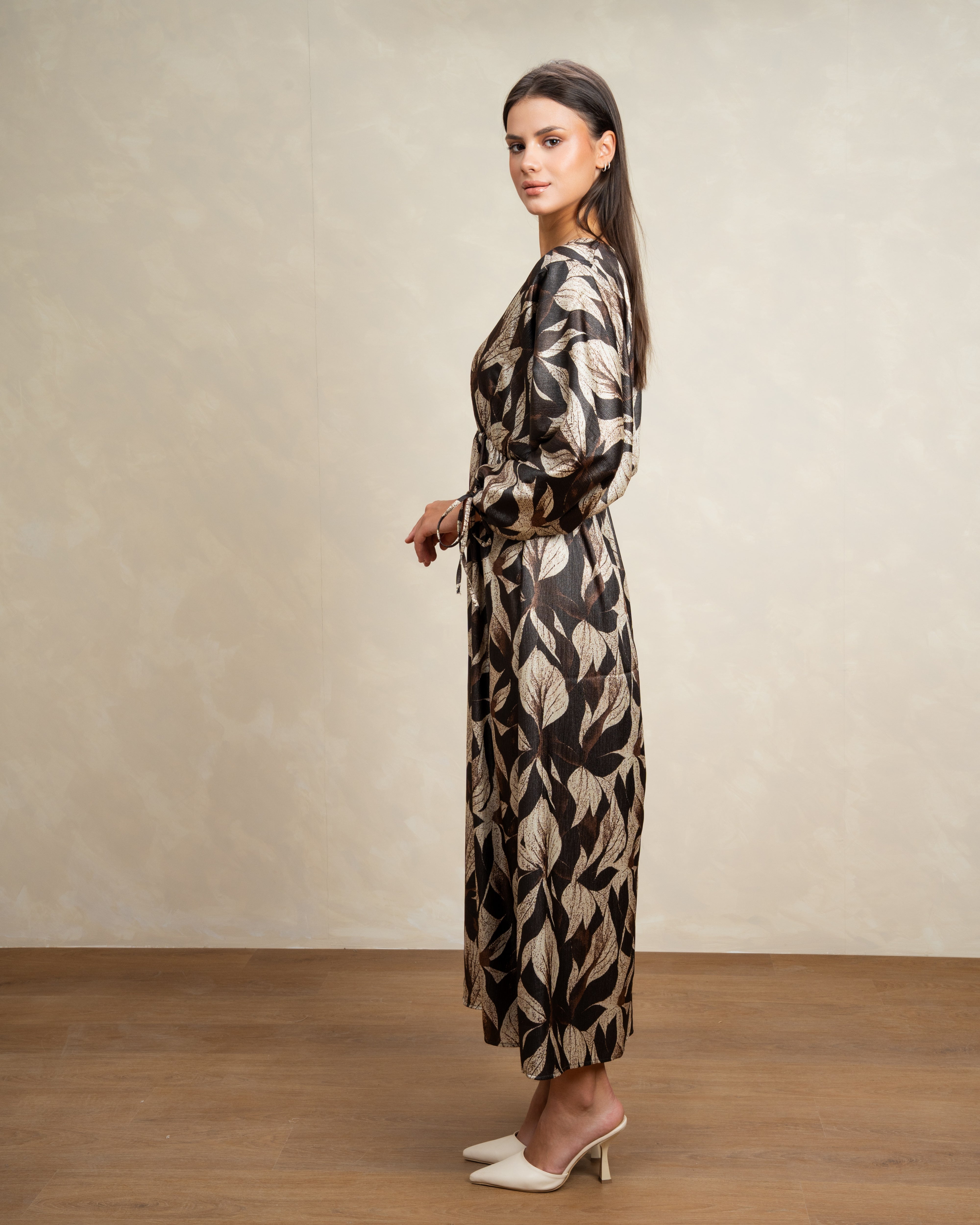 Mixed Print Dress With Tie Sleeves