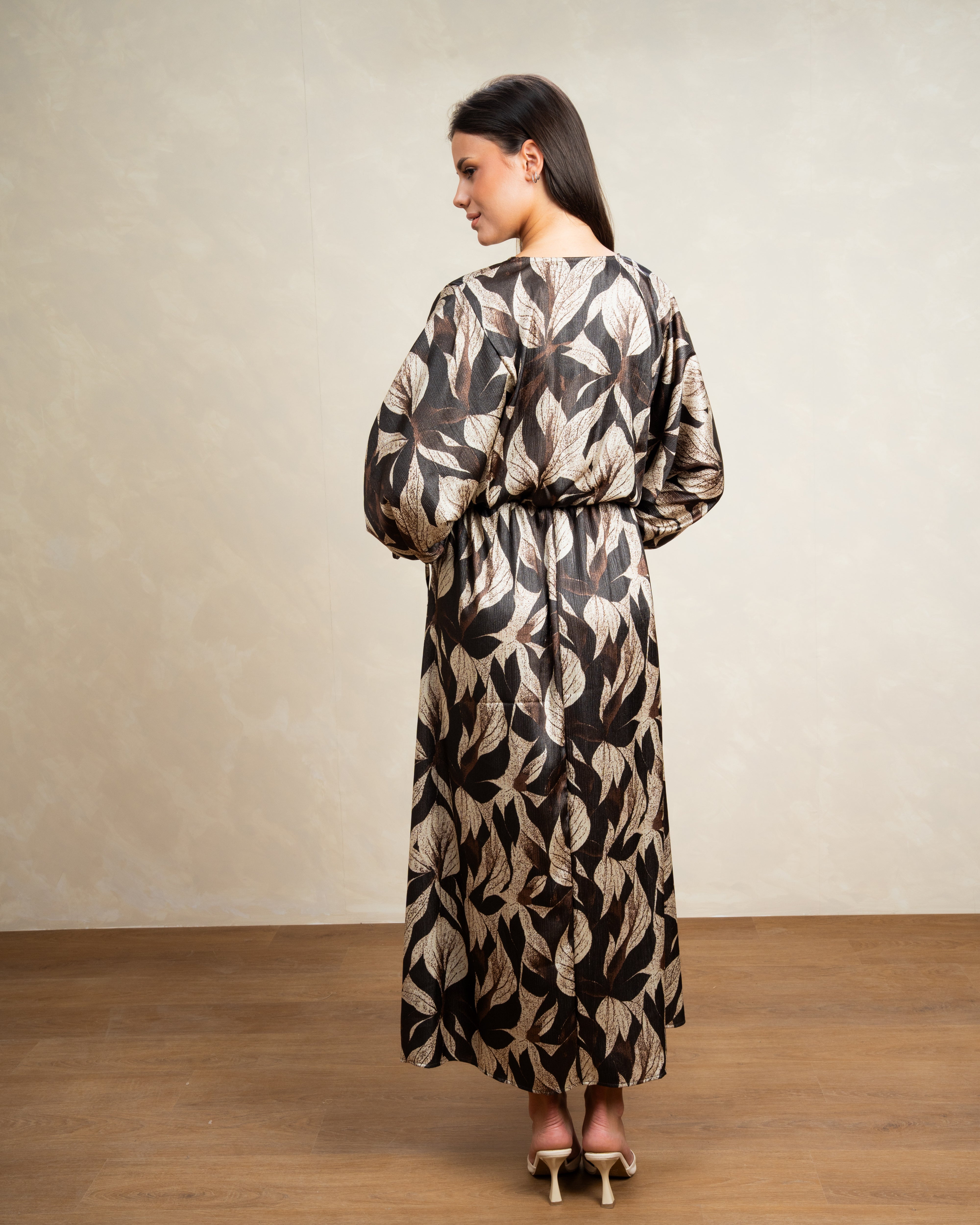 Mixed Print Dress With Tie Sleeves
