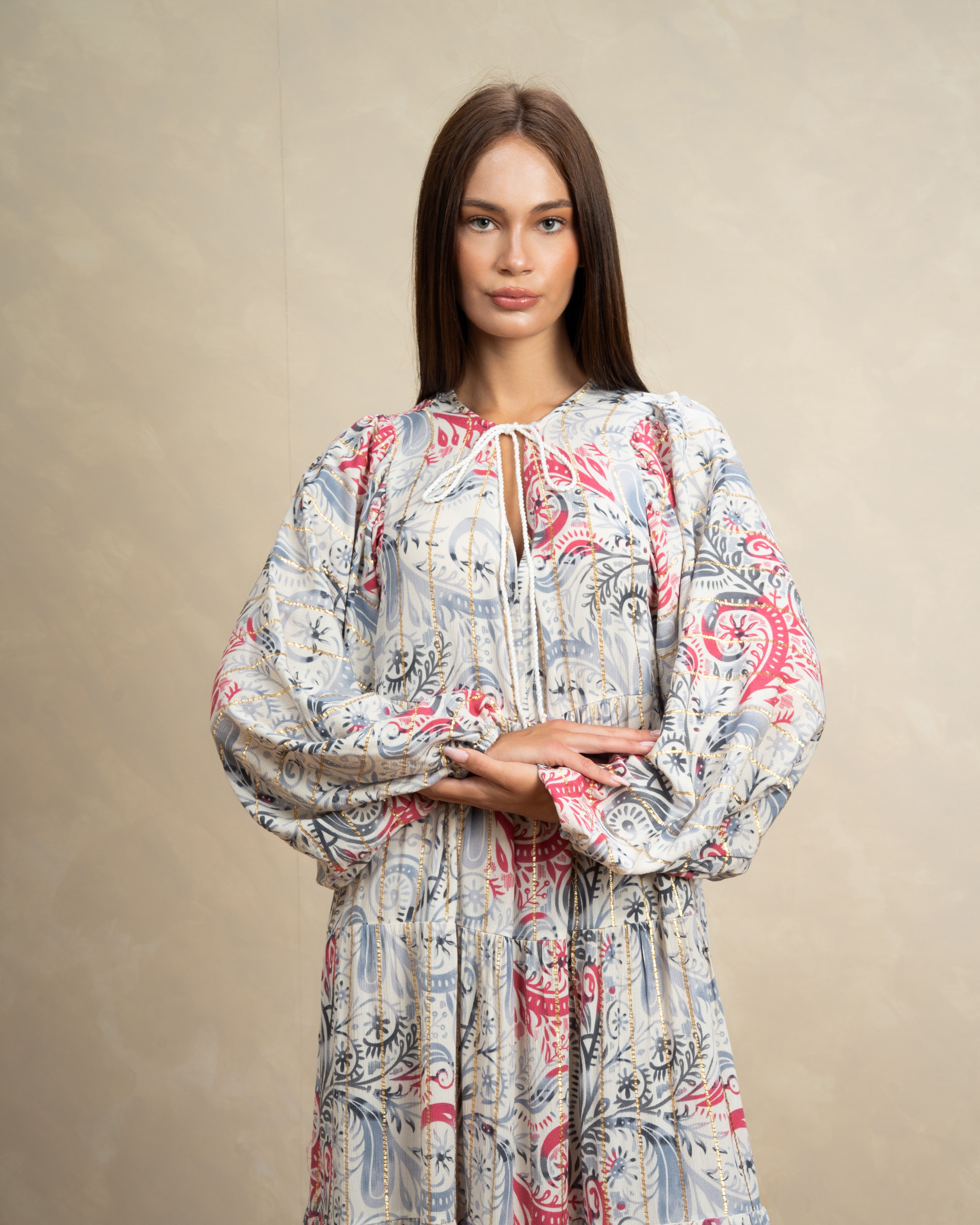 Patterned Tie Neck Dress