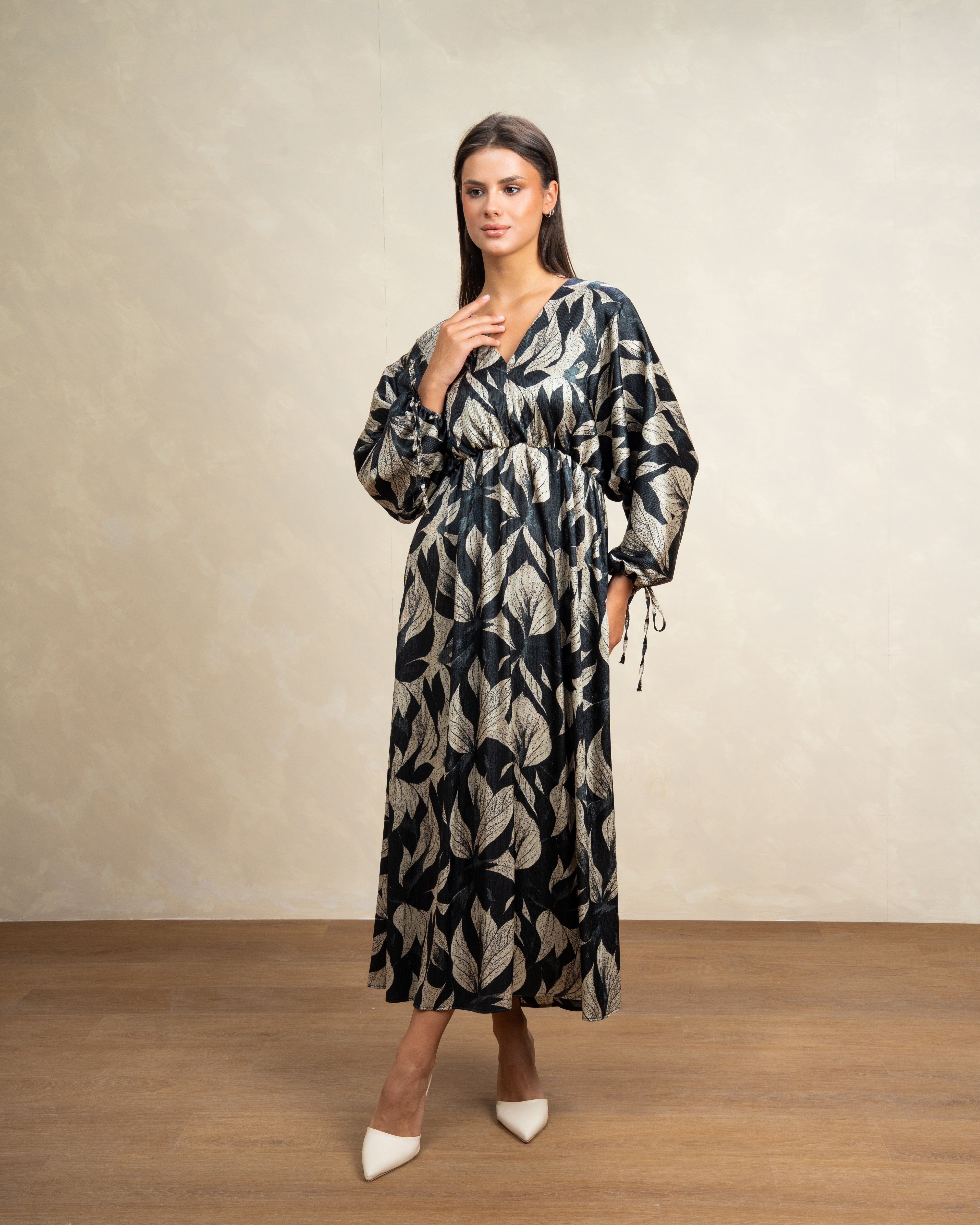 Mixed Print Dress With Tie Sleeves