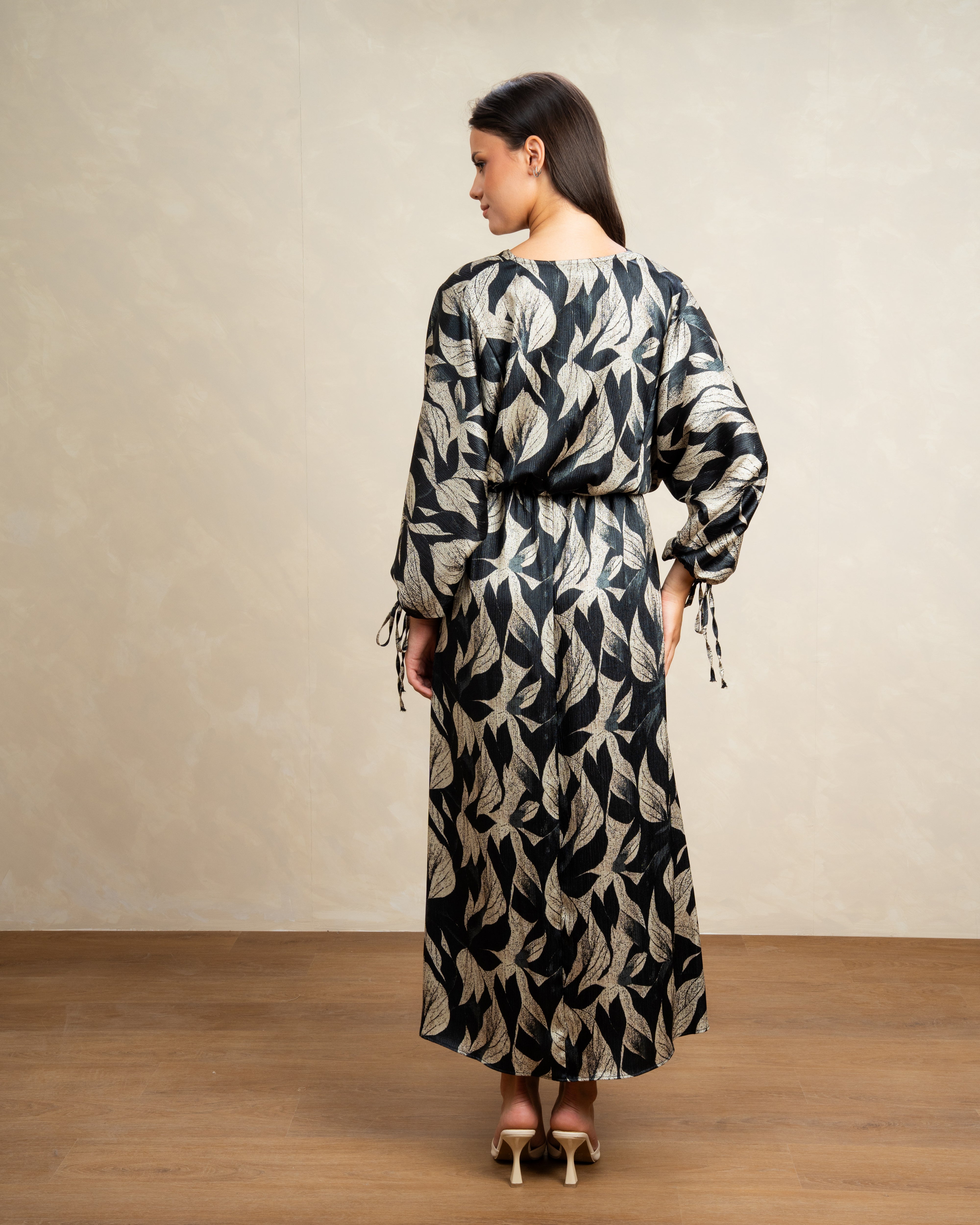 Mixed Print Dress With Tie Sleeves