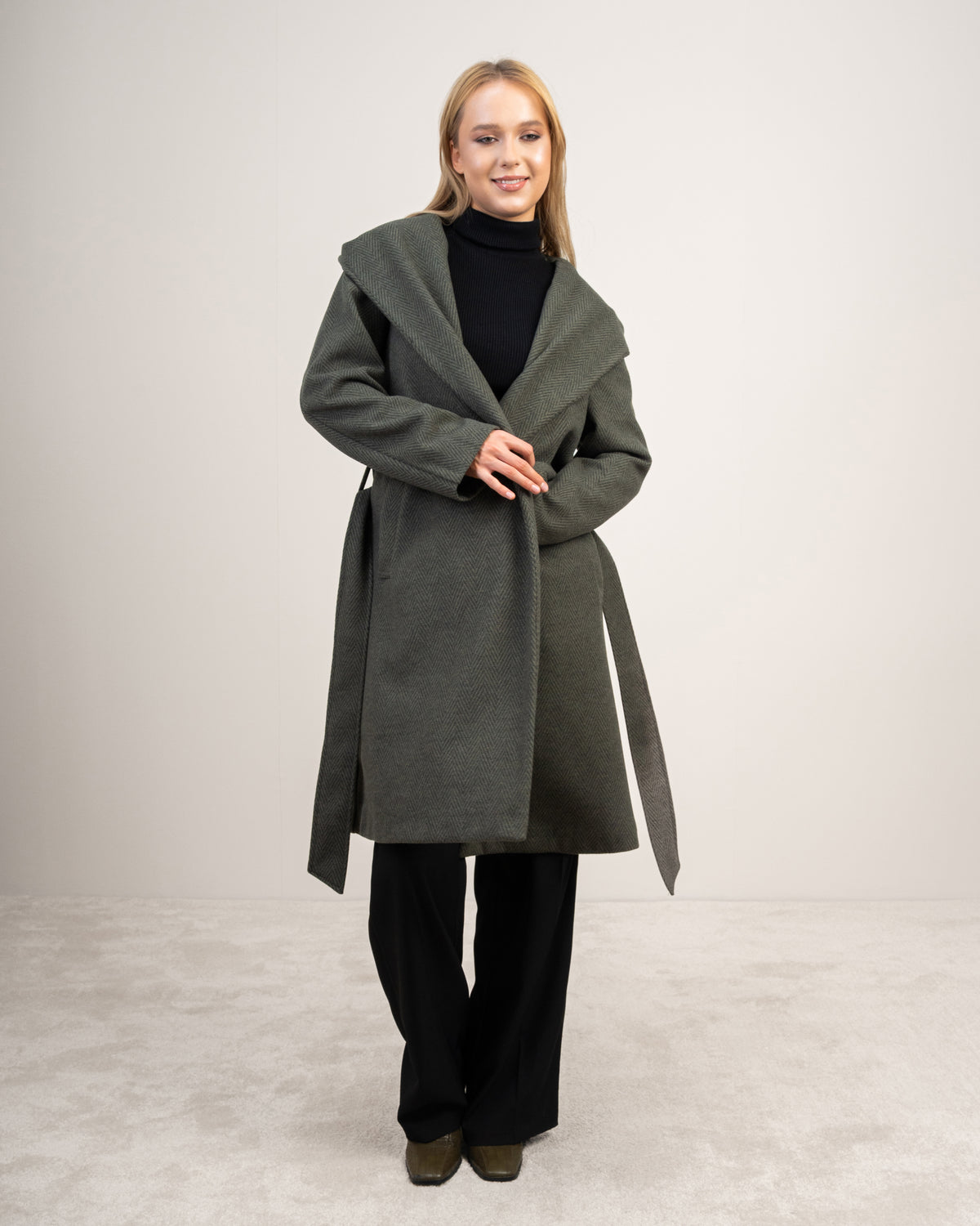 Patterned Wool Coat With Belt