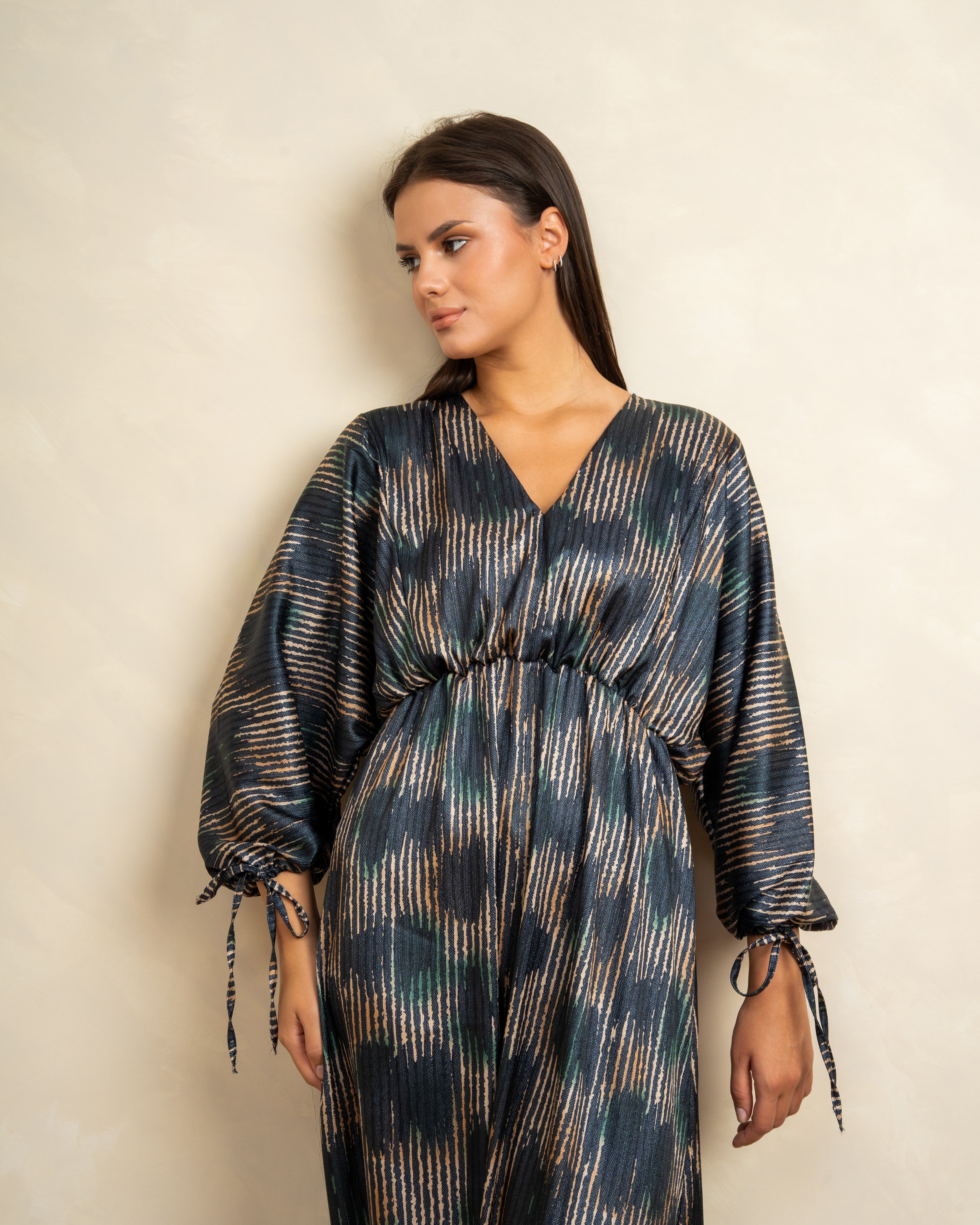 Mixed Print Dress With Tie Sleeves
