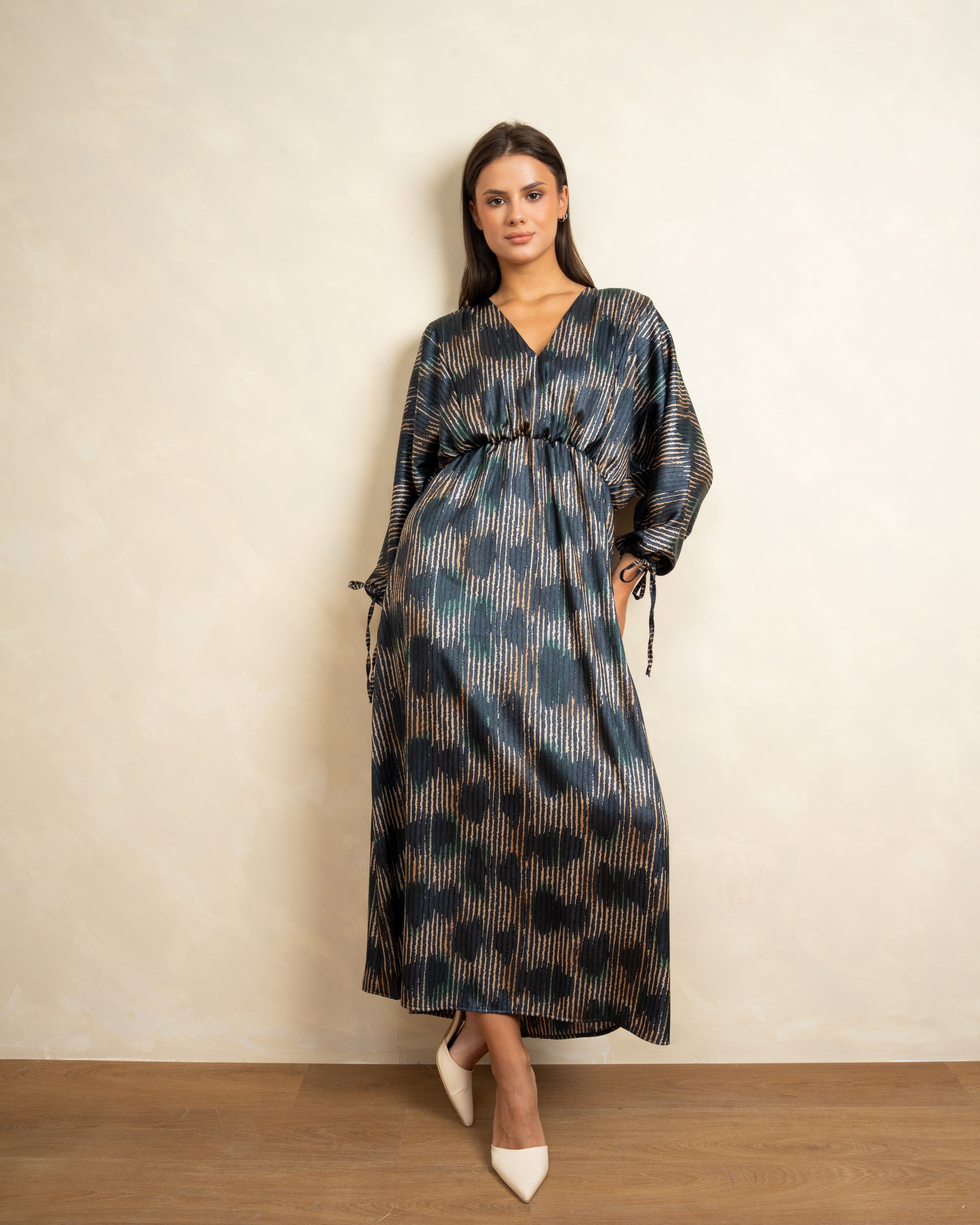 Mixed Print Dress With Tie Sleeves
