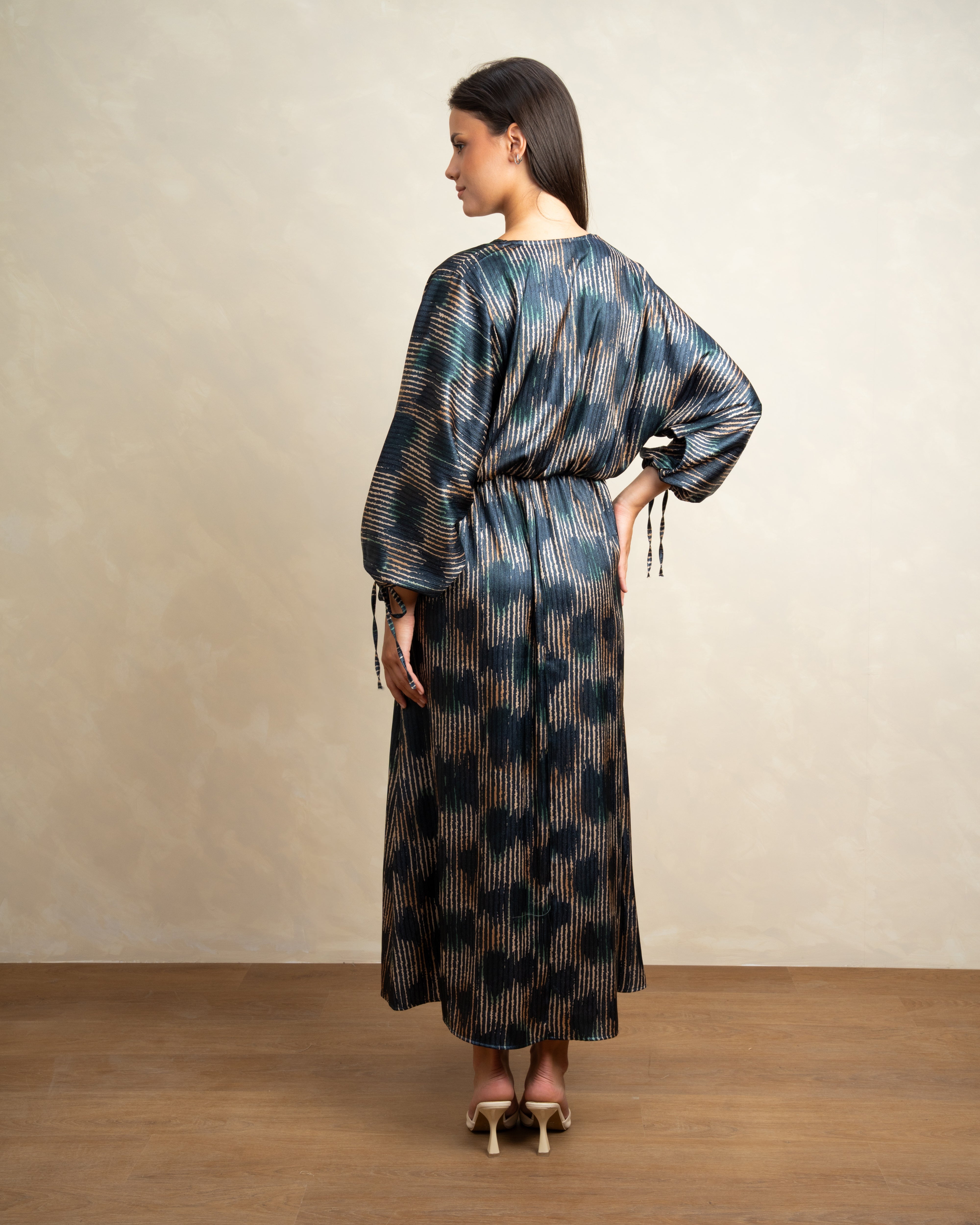 Mixed Print Dress With Tie Sleeves
