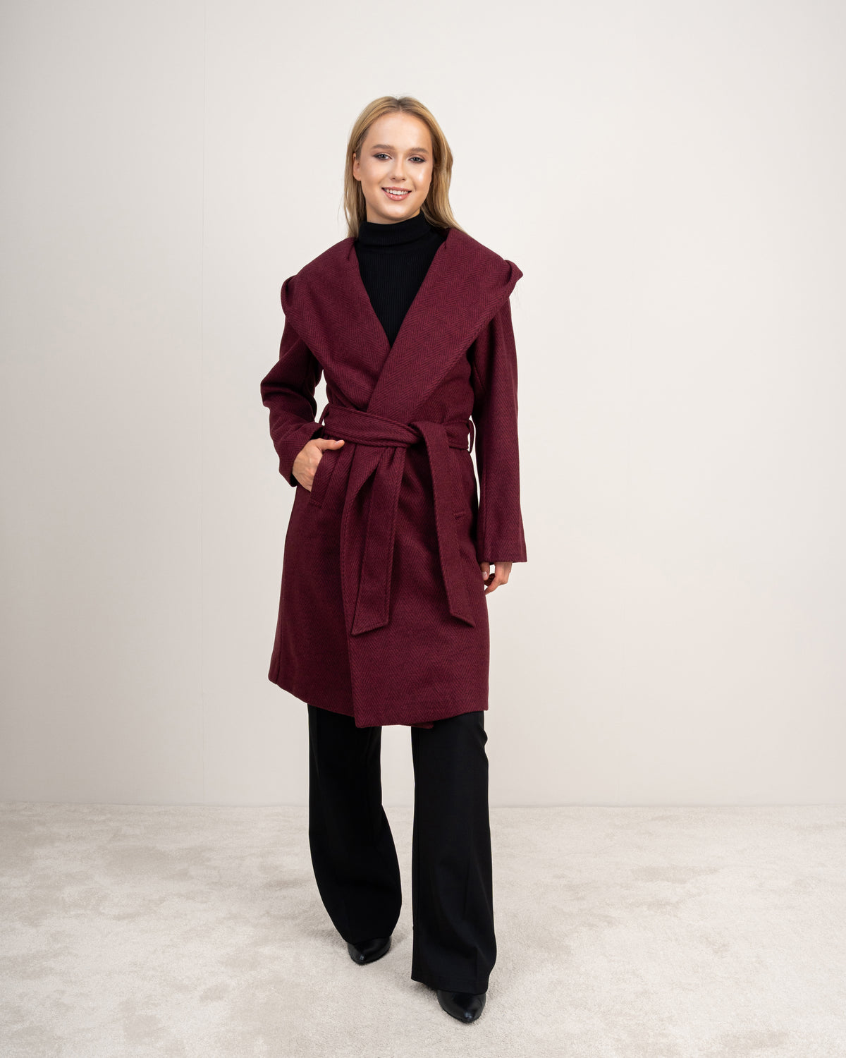 Patterned Wool Coat With Belt