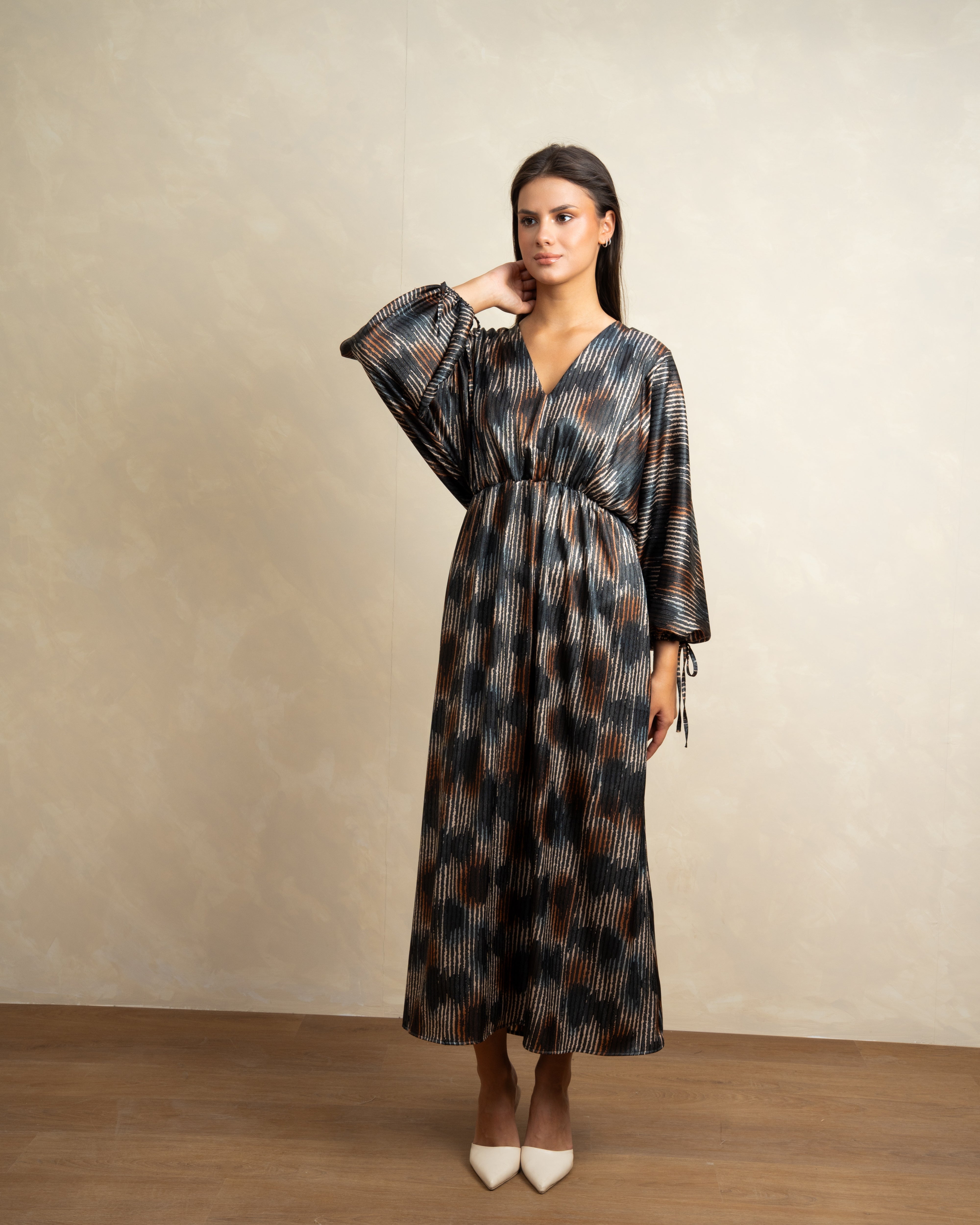 Mixed Print Dress With Tie Sleeves